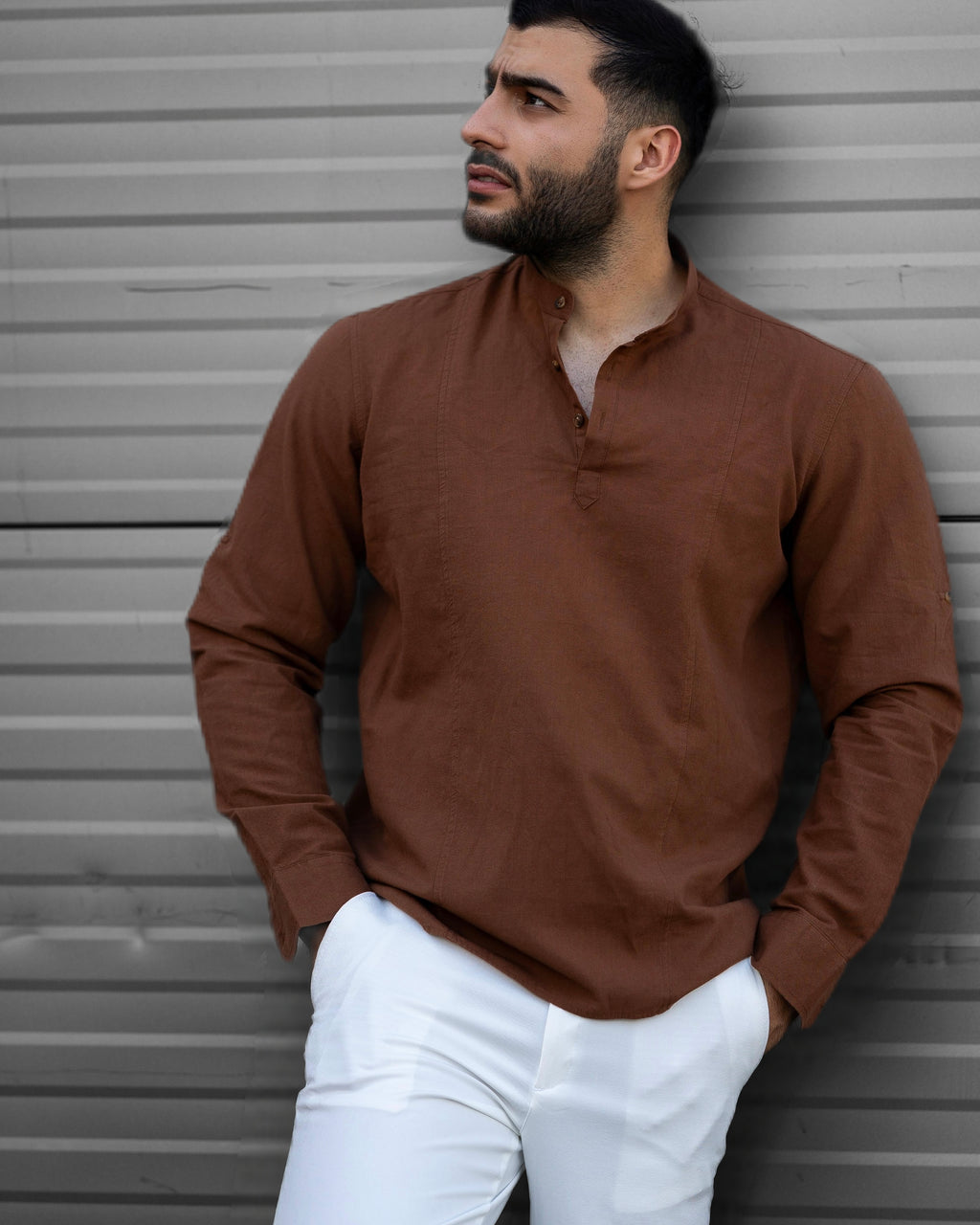 Koszula Męska Lniana Brązowa Slim Fit Ze Stójką – Letnia, Przewiewna M–2XL