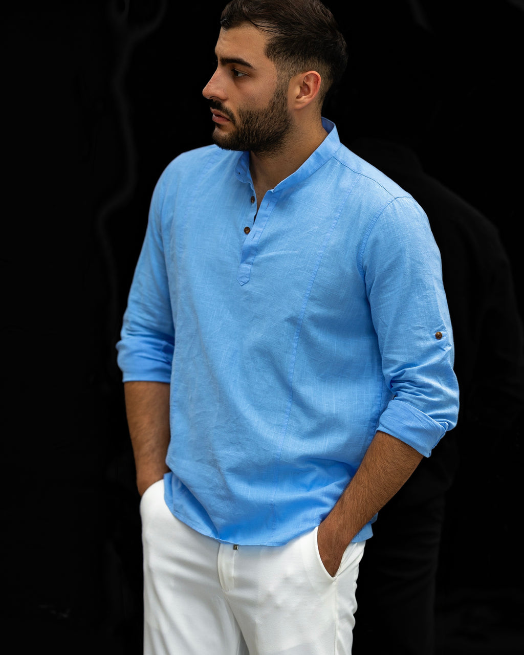 Koszula Męska Lniana Błękitna Slim Fit Ze Stójką – Przewiewna Letnia M–2XL