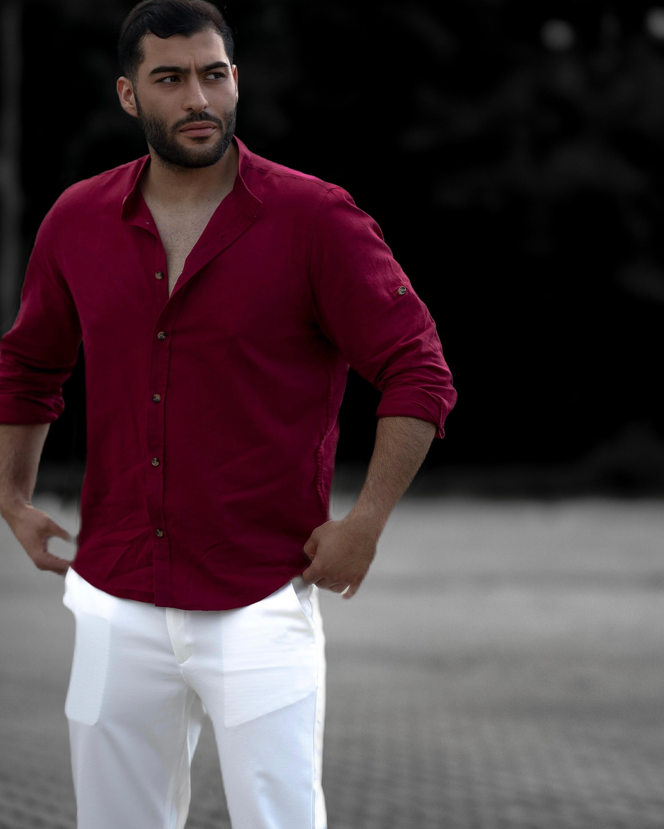 Koszula Męska Lniana Bordowa Slim Fit Ze Stójką – Letnia, Przewiewna M–2XL