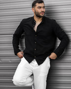 Koszula Męska Lniana Czarna Slim Fit Ze Stójką – Letnia, Przewiewna M–2XL