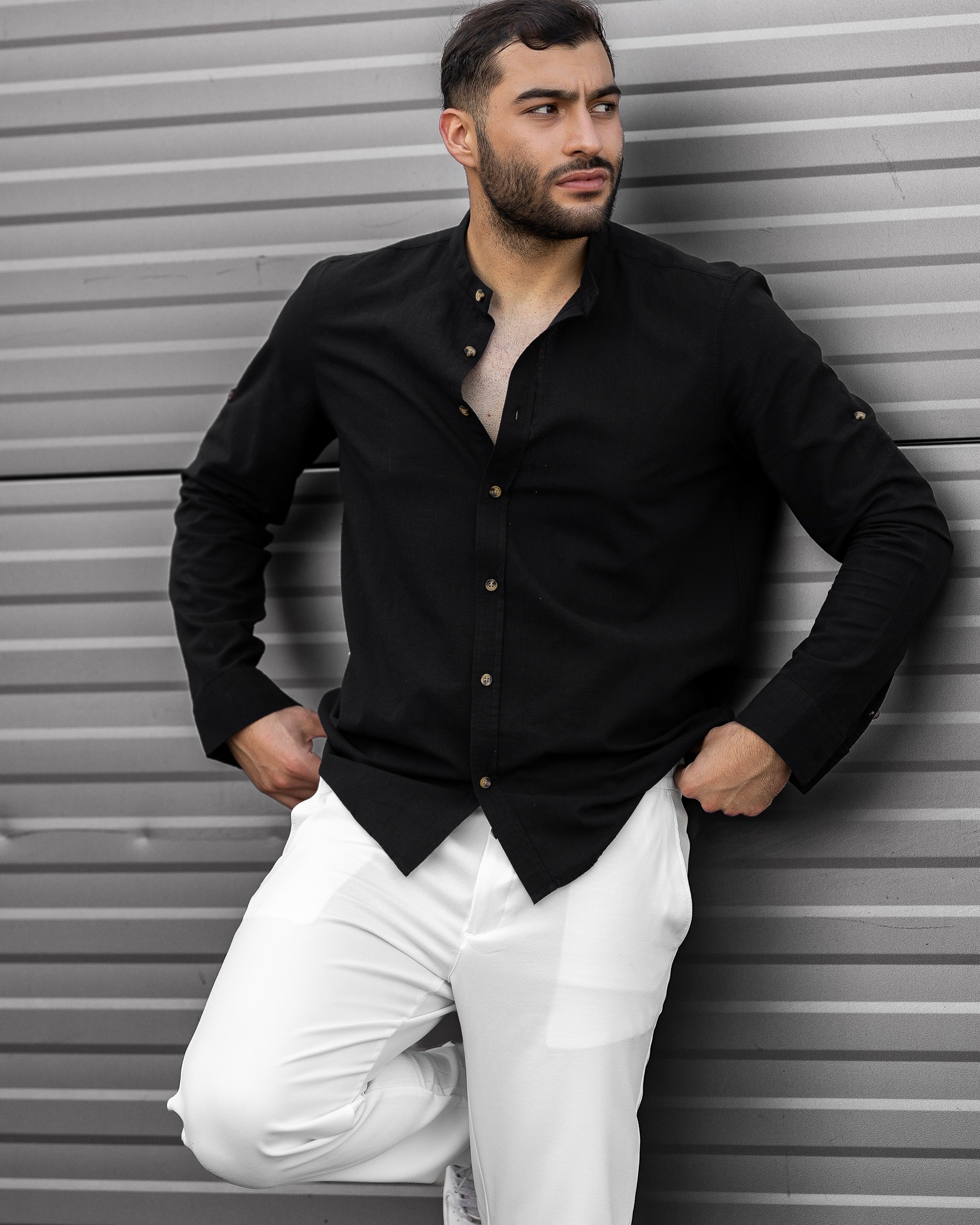 Koszula Męska Lniana Czarna Slim Fit Ze Stójką – Letnia, Przewiewna M–2XL