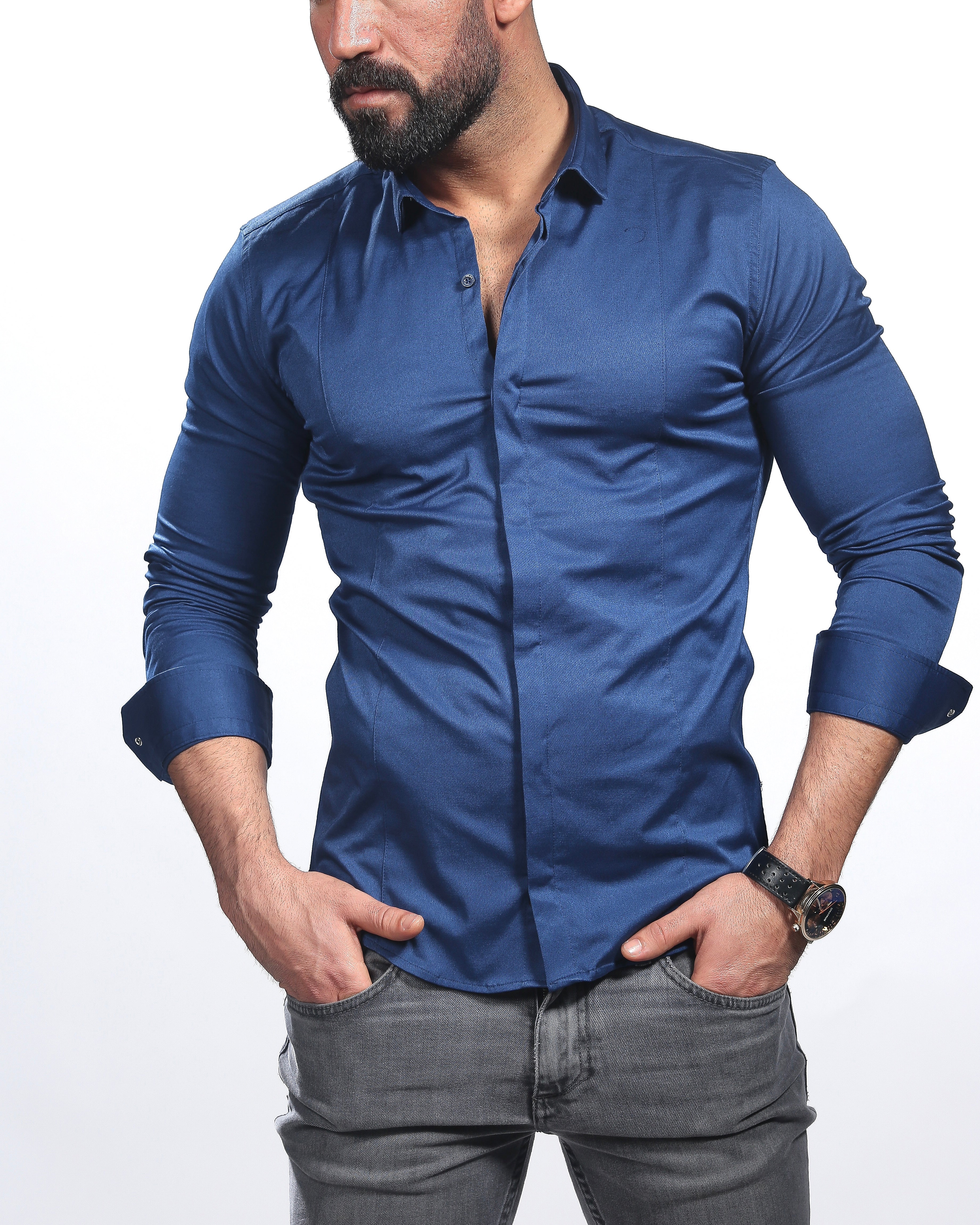 Koszula męska granatowa Slim Fit elegancka casual długi rękaw Premium M-3XL