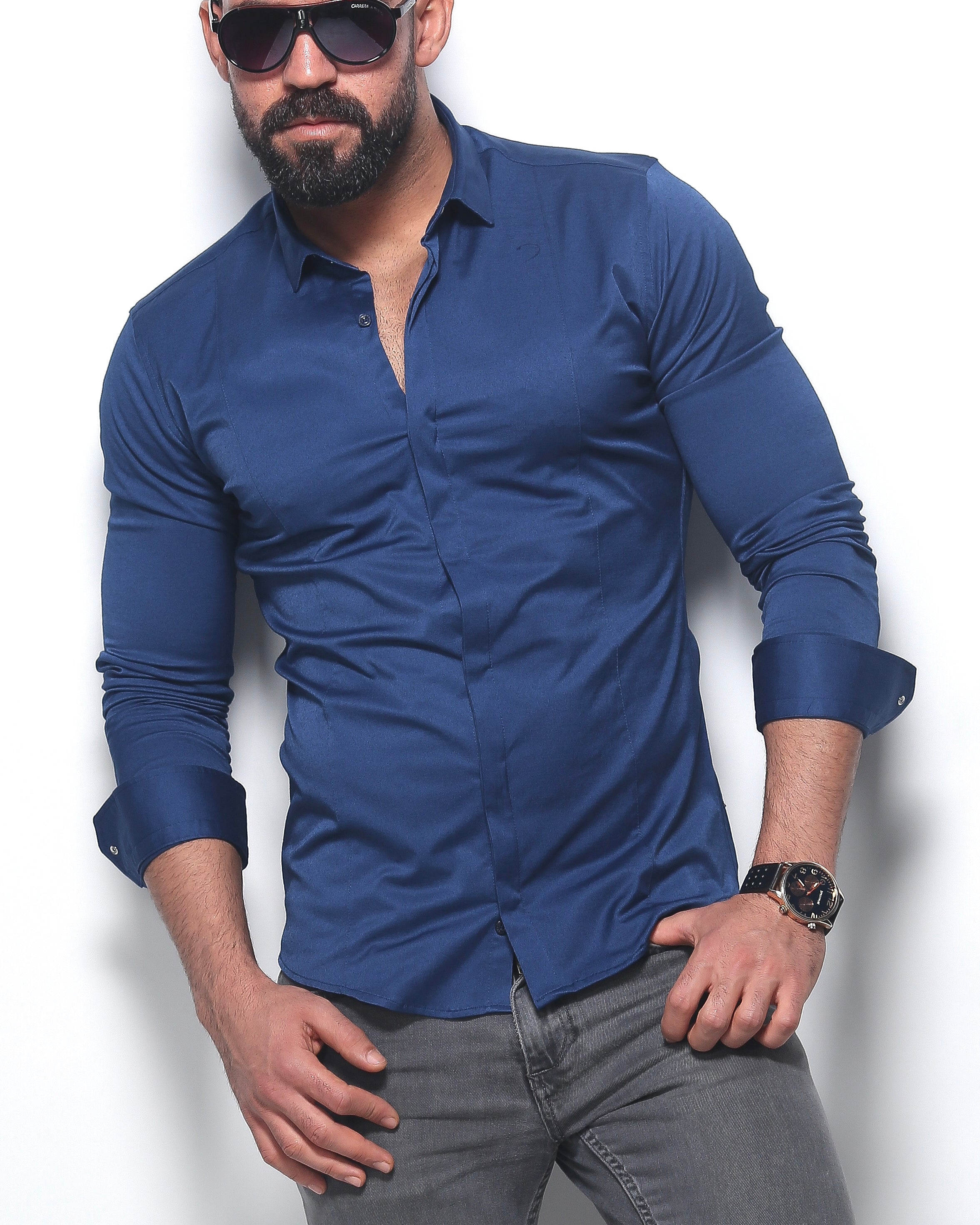 Koszula męska granatowa Slim Fit elegancka casual długi rękaw Premium M-3XL