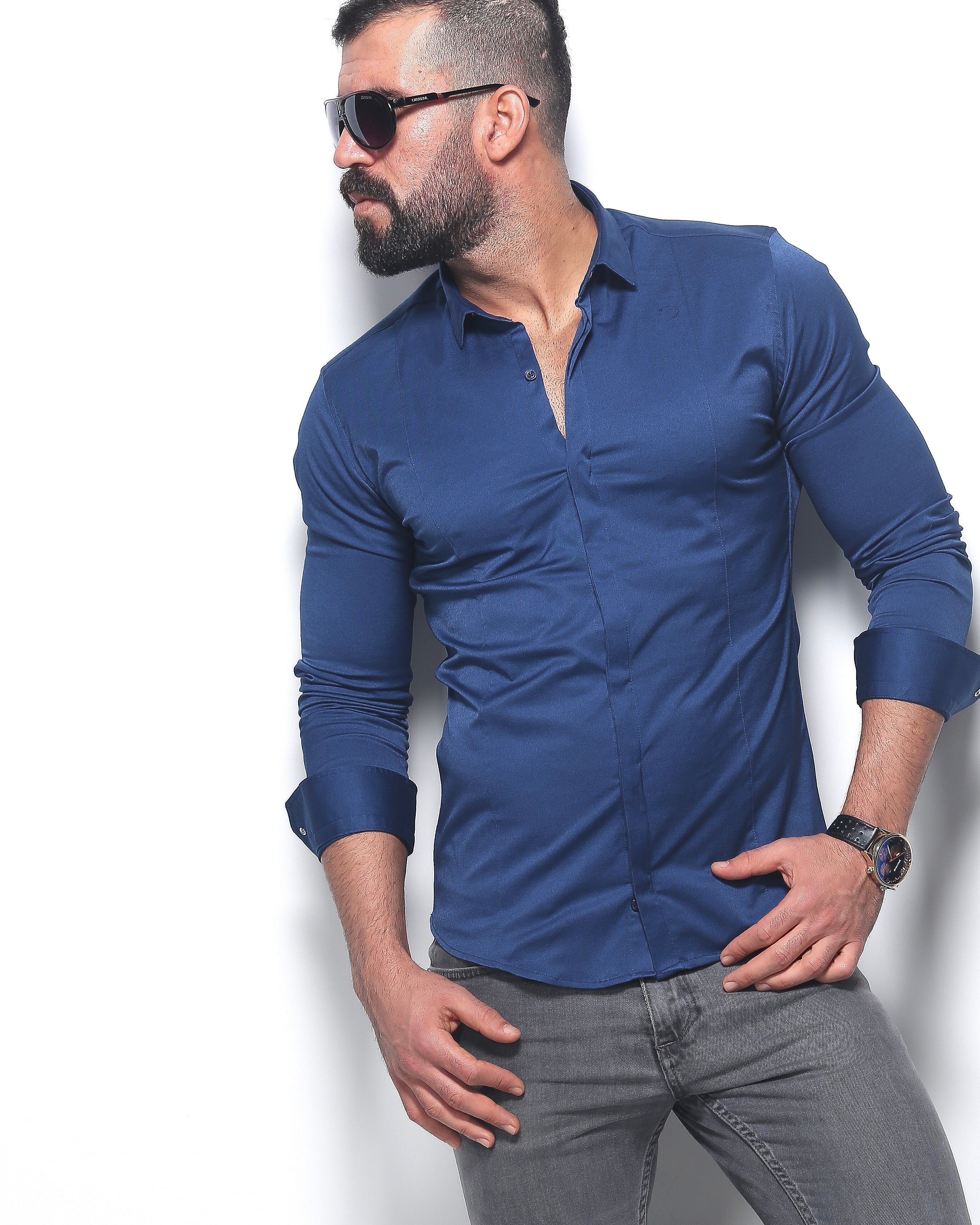 Koszula męska granatowa Slim Fit elegancka casual długi rękaw Premium M-3XL