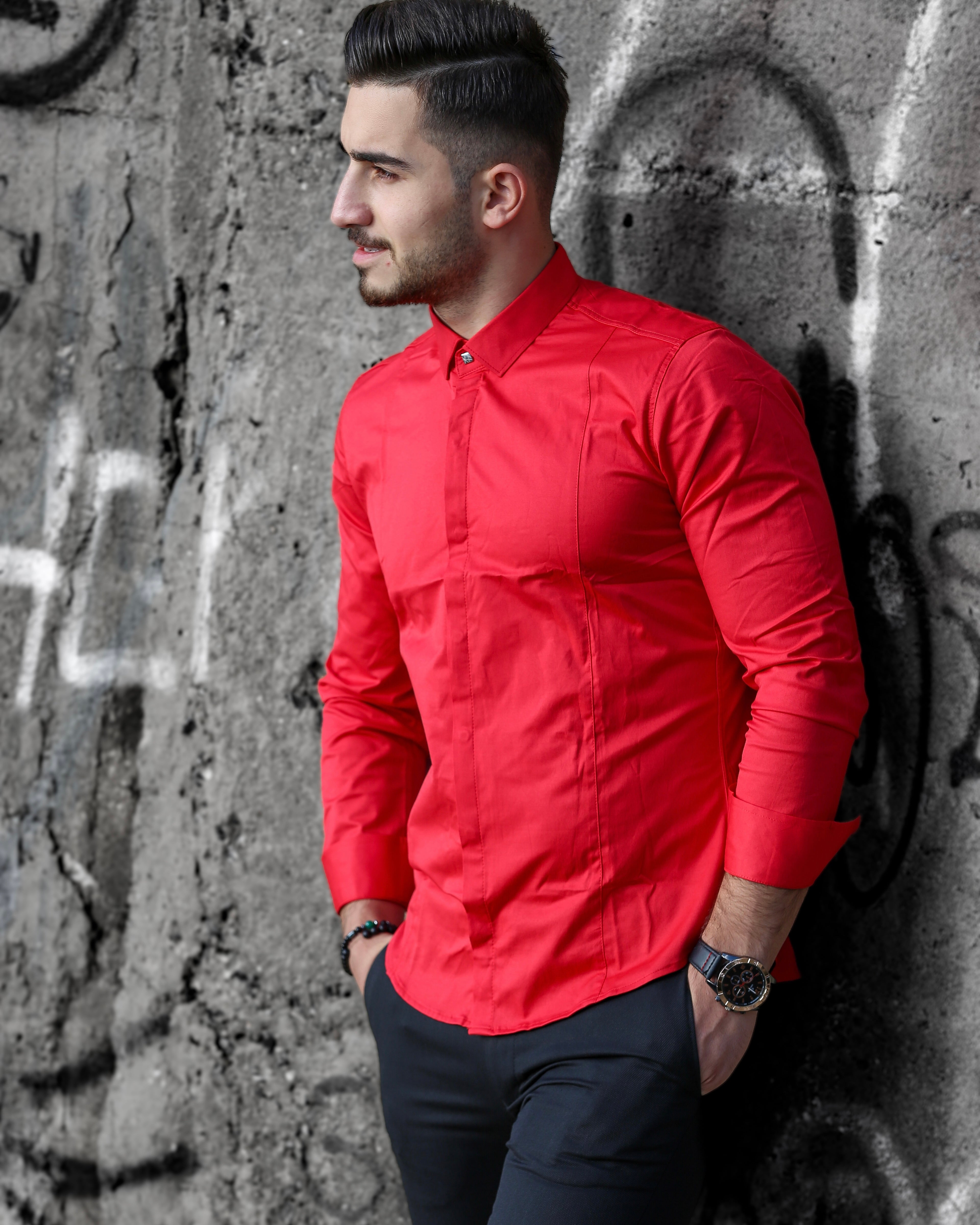 KOSZULA MĘSKA SUPER SLIM FIT CZERWONA ELASTYCZNA CASUAL M-3XL