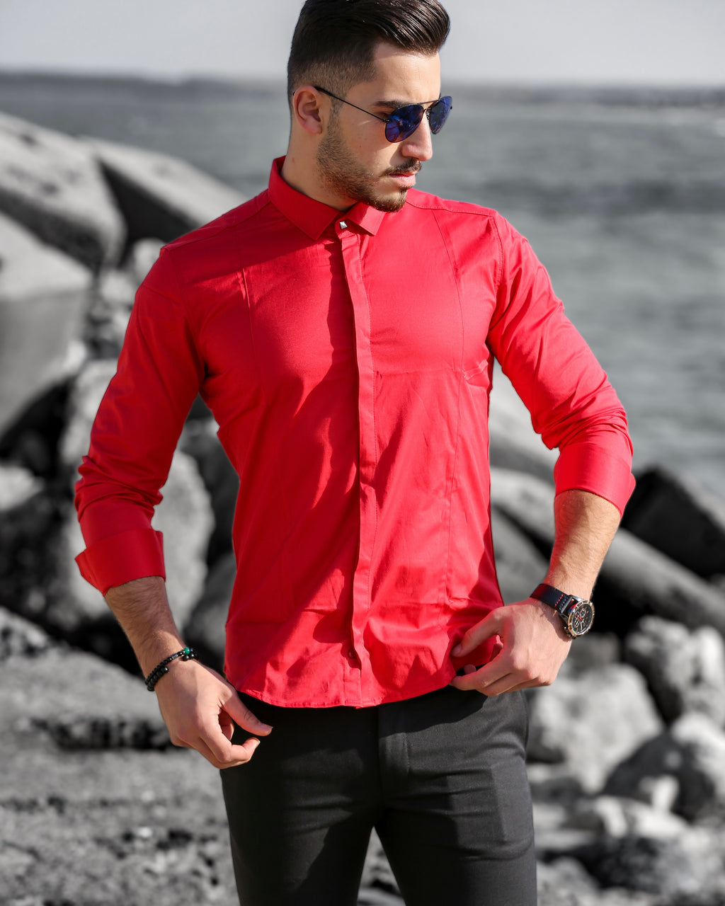 KOSZULA MĘSKA SUPER SLIM FIT CZERWONA ELASTYCZNA CASUAL M-3XL