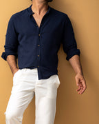 Męska koszula lniana granatowa Slim Fit – lekka, przewiewna, długi rękaw | M–2XL
