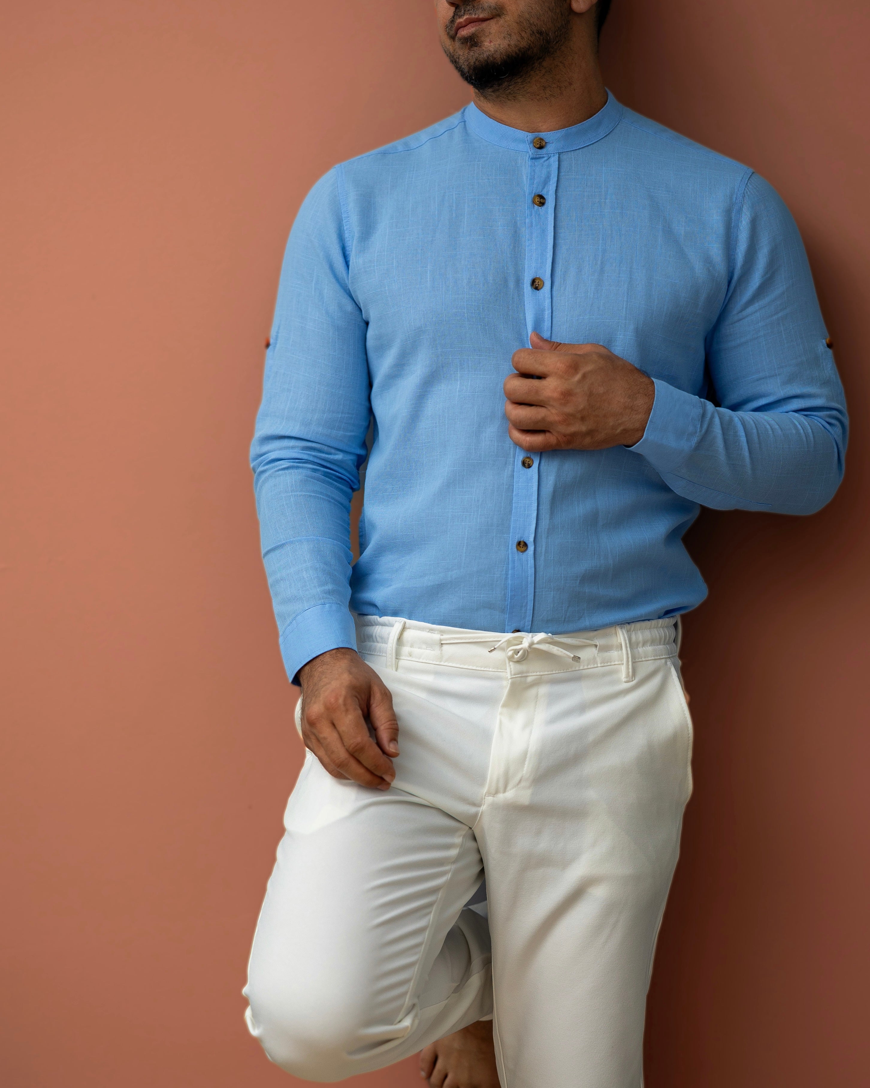 Koszula Męska Lniana Błękitna Slim Fit – Klasyczny Kołnierzyk, Letnia M–2XL