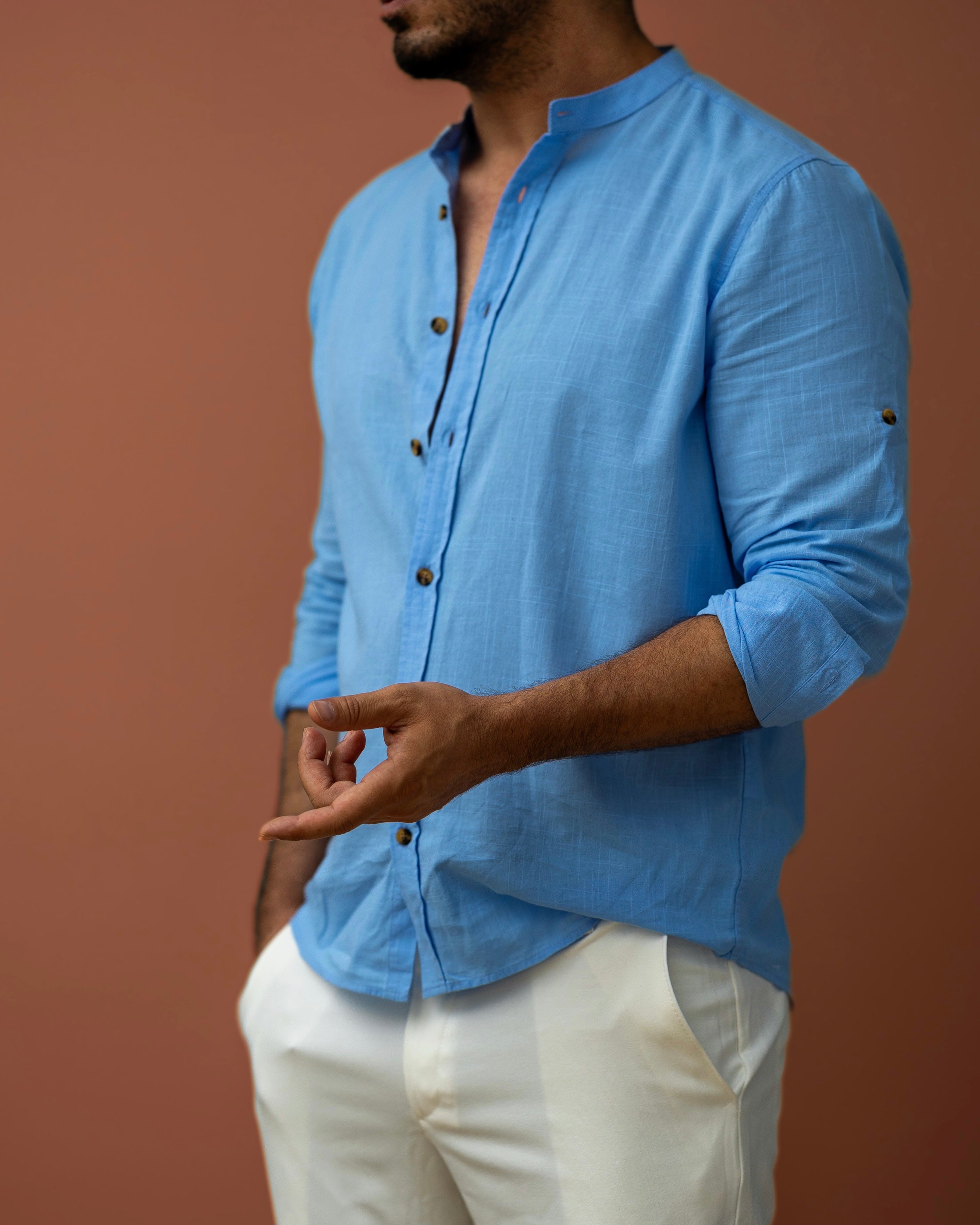 Męska koszula lniana błękitna Slim Fit – lekka, przewiewna, długi rękaw | M–2XL