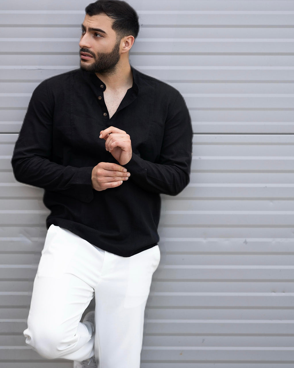 Koszula Męska Lniana Czarna Slim Fit Ze Stójką – Letnia, Przewiewna M–2XL