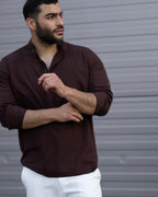 Koszula Męska Lniana Bordowa Slim Fit Ze Stójką – Letnia, Przewiewna M–2XL