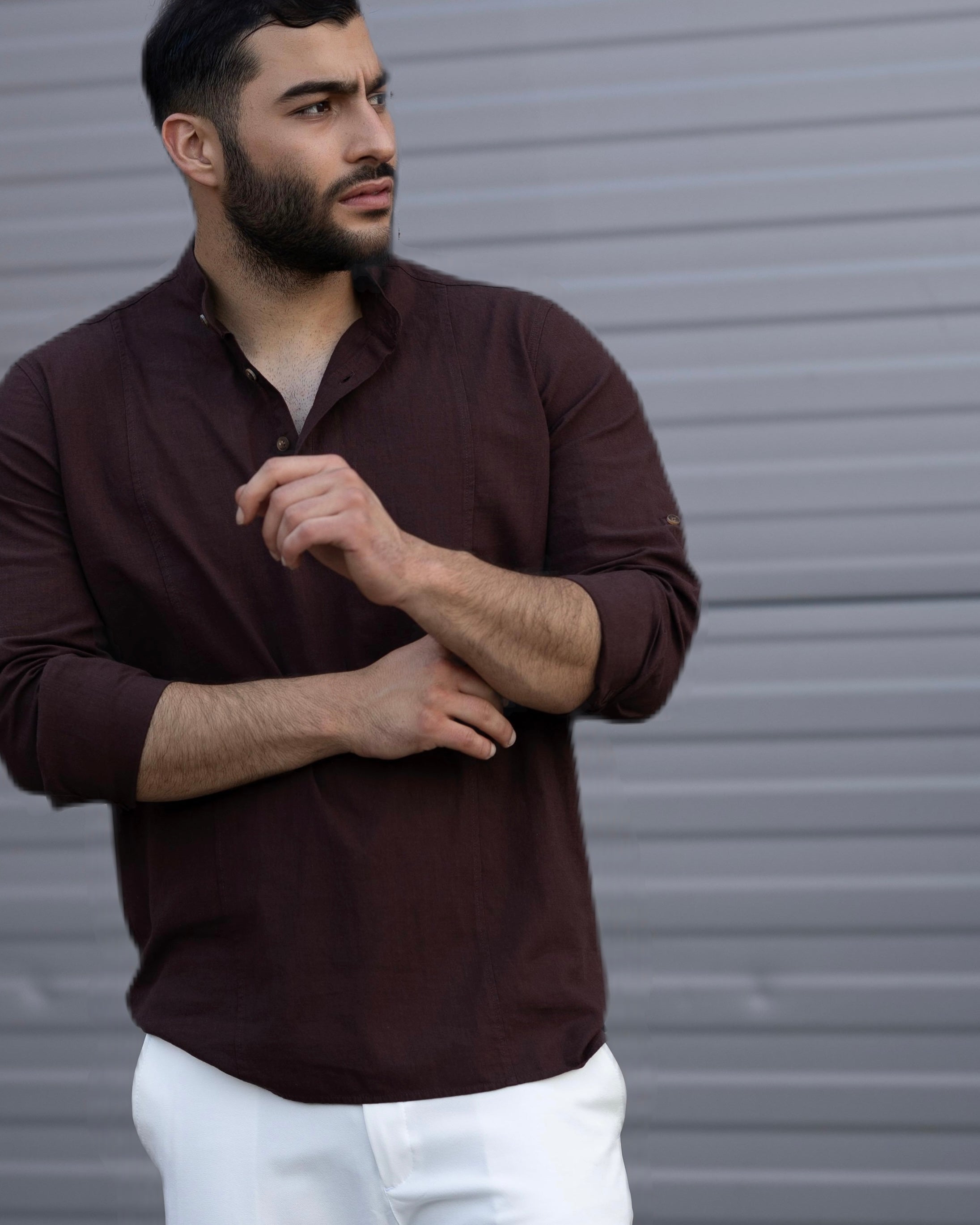 Koszula Męska Lniana Bordowa Slim Fit Ze Stójką – Letnia, Przewiewna M–2XL