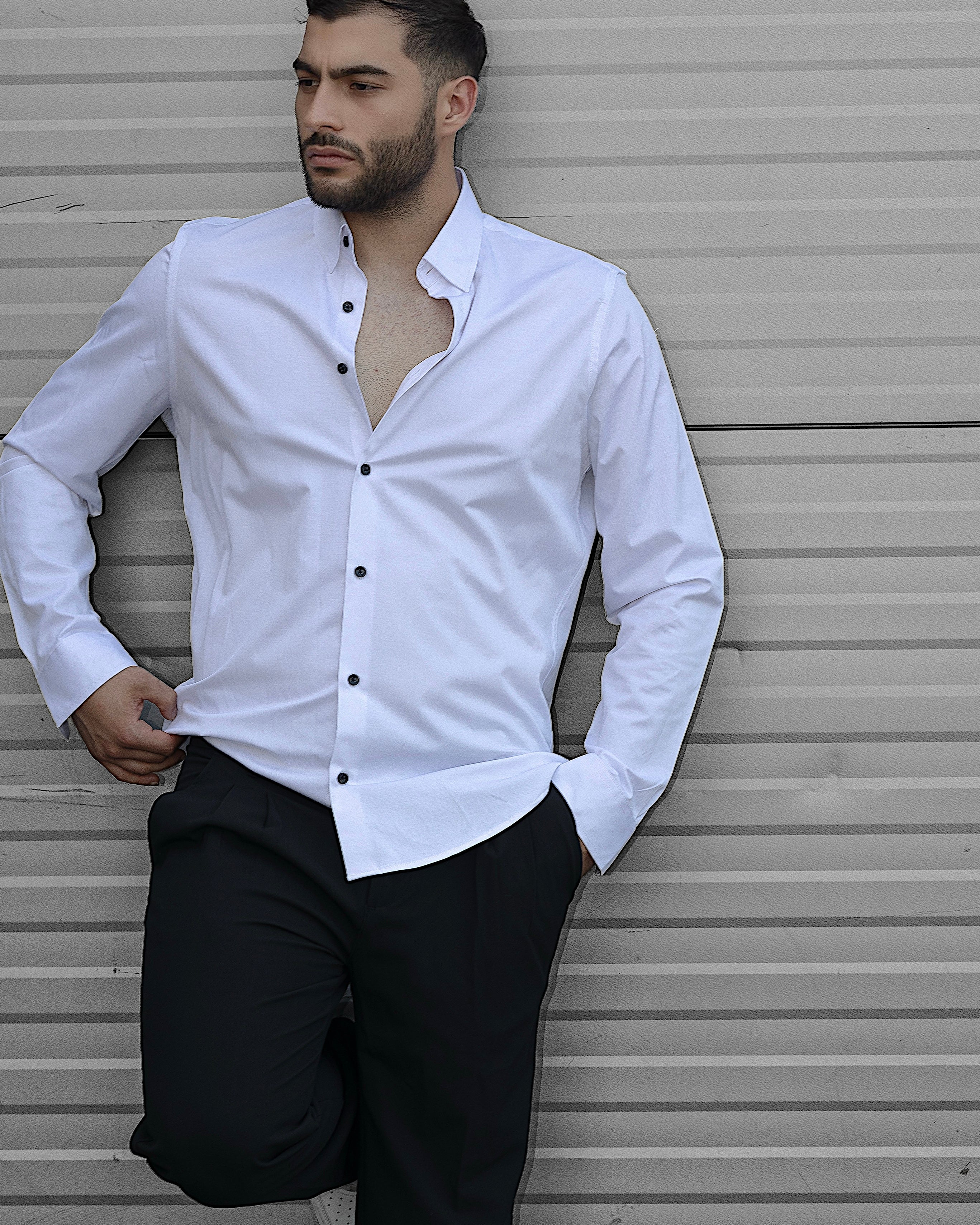 Koszula Męska Satynowa Slim Biała Optyczna Guziki 95% Bawełna 5% Elastan S–3XL
