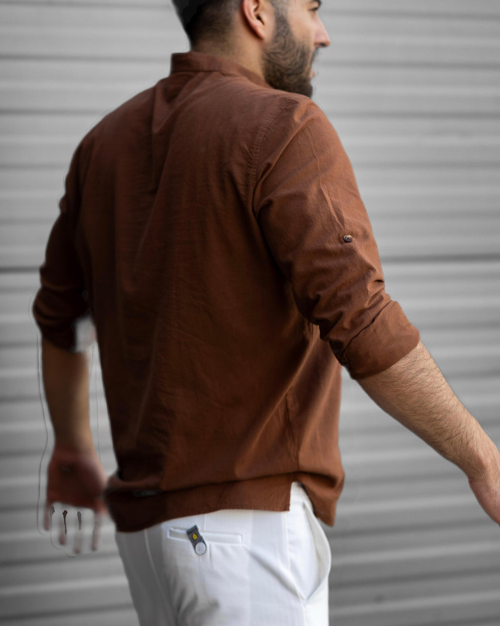 Koszula Męska Lniana Brązowa Slim Fit Ze Stójką – Letnia, Przewiewna M–2XL
