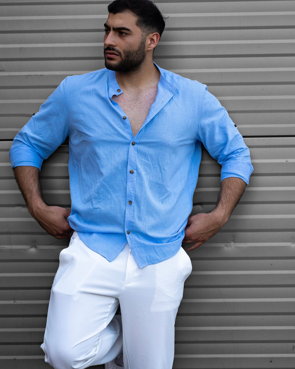Koszula Męska Lniana Błękitna Slim Fit – Klasyczny Kołnierzyk, Letnia M–2XL