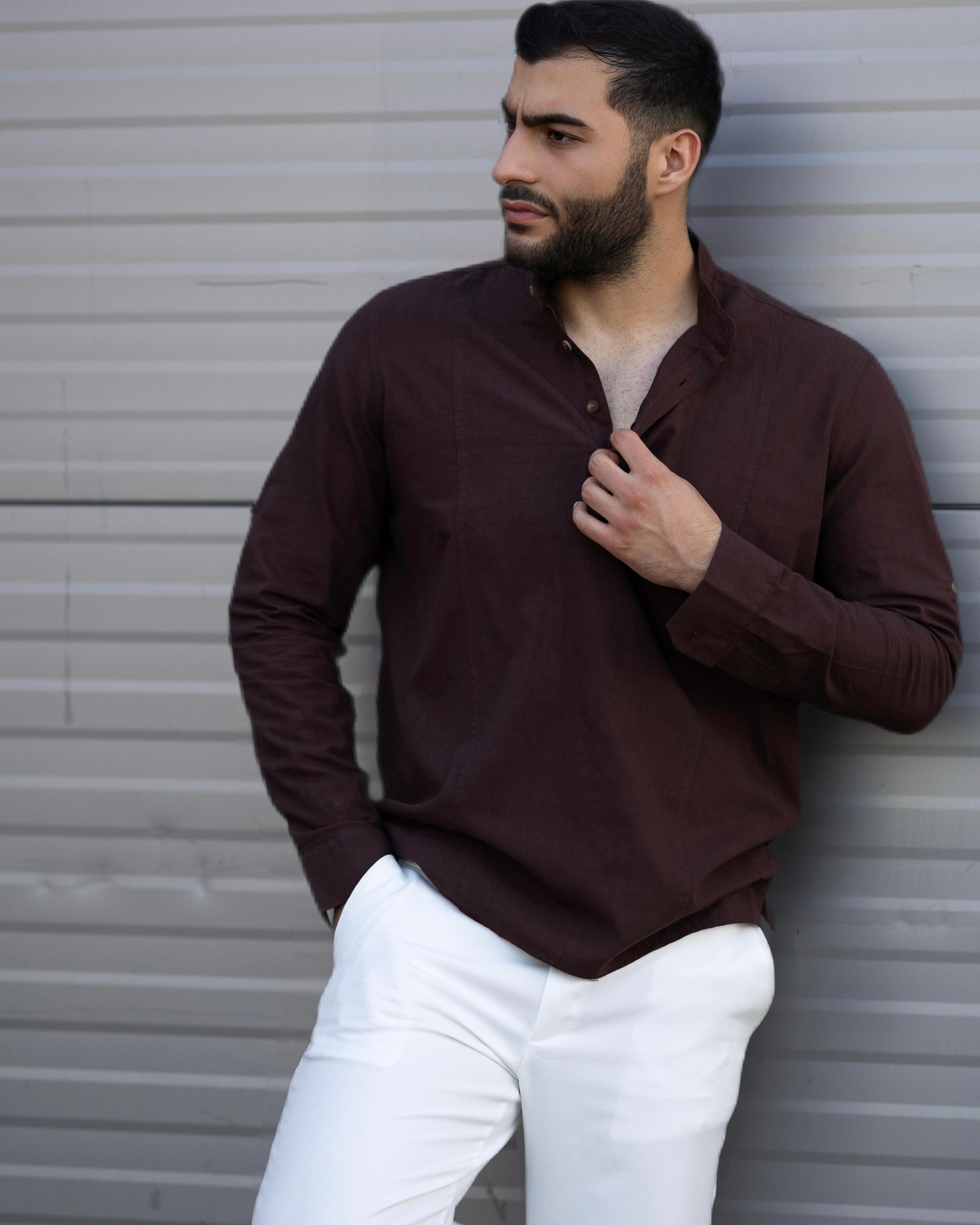 Koszula Męska Lniana Bordowa Slim Fit Ze Stójką – Letnia, Przewiewna M–2XL