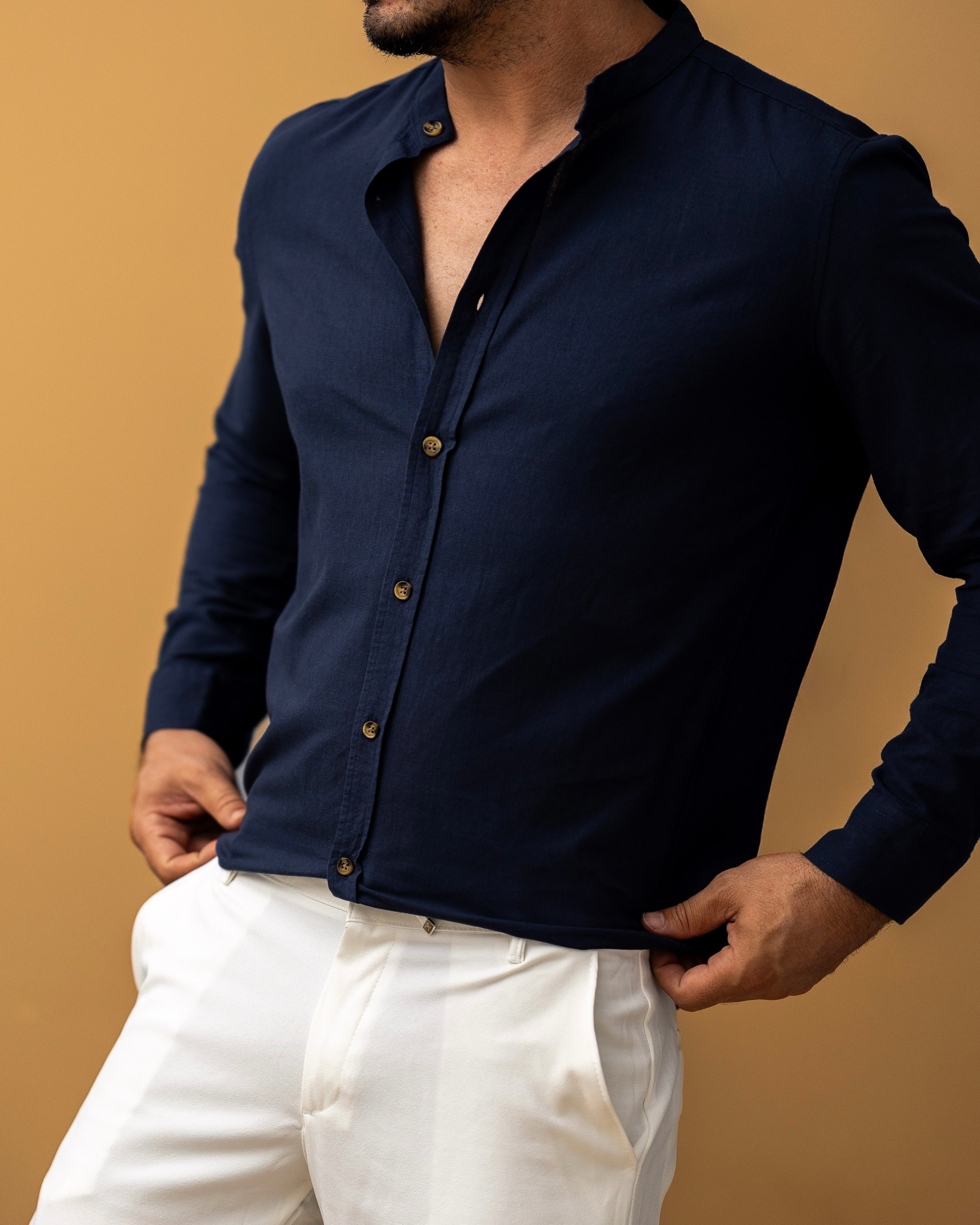 Męska koszula lniana granatowa Slim Fit – lekka, przewiewna, długi rękaw | M–2XL