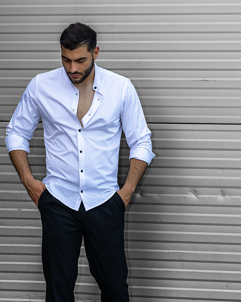 Koszula Męska Satynowa Slim Ze Stójką Biała Optyczna Napy 95% Bawełna 5% Elastan S–3XL
