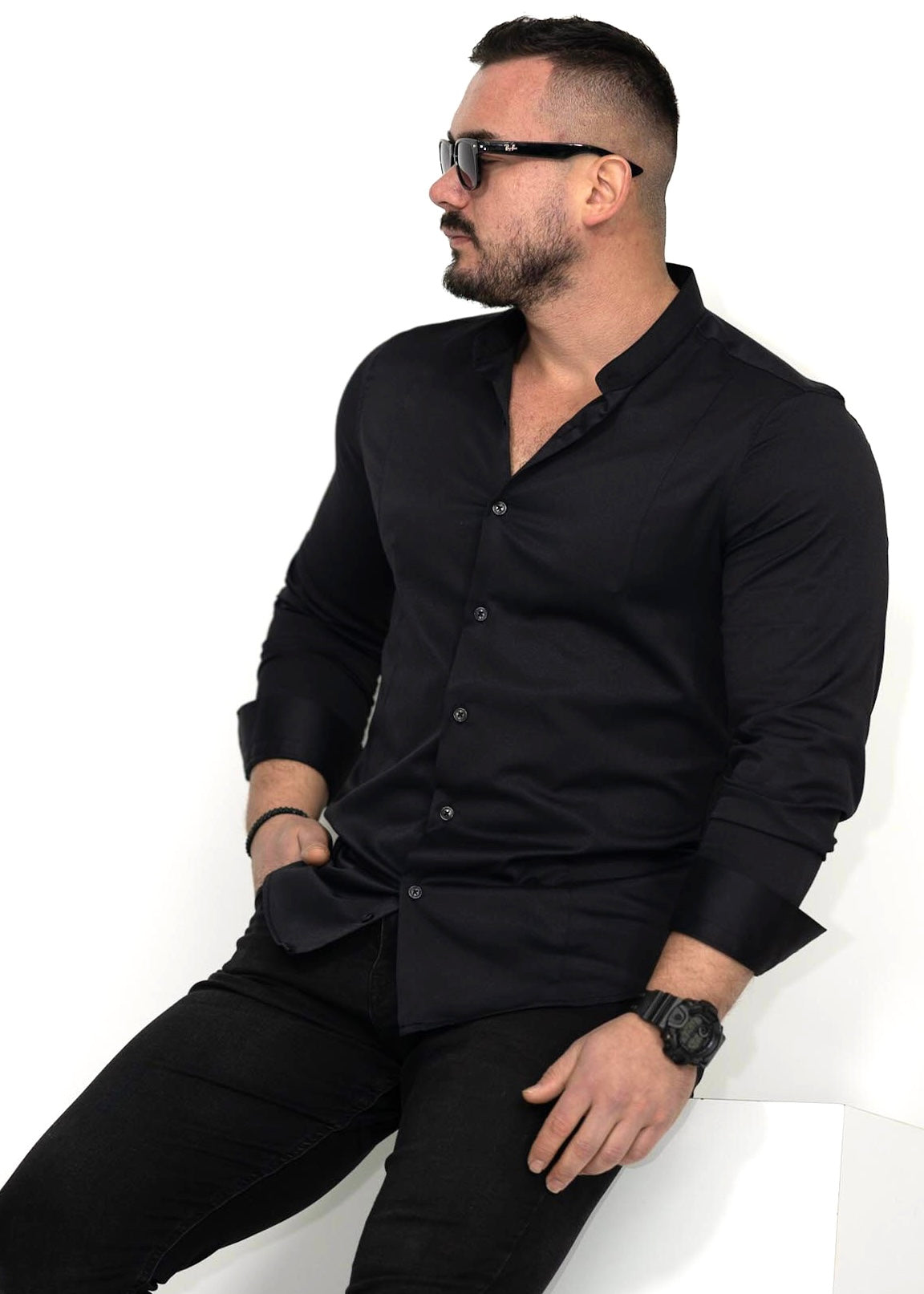 KOSZULA MĘSKA CZARNA SLIM FIT STÓJKA PREMIUM ELASTYCZNA M-XL