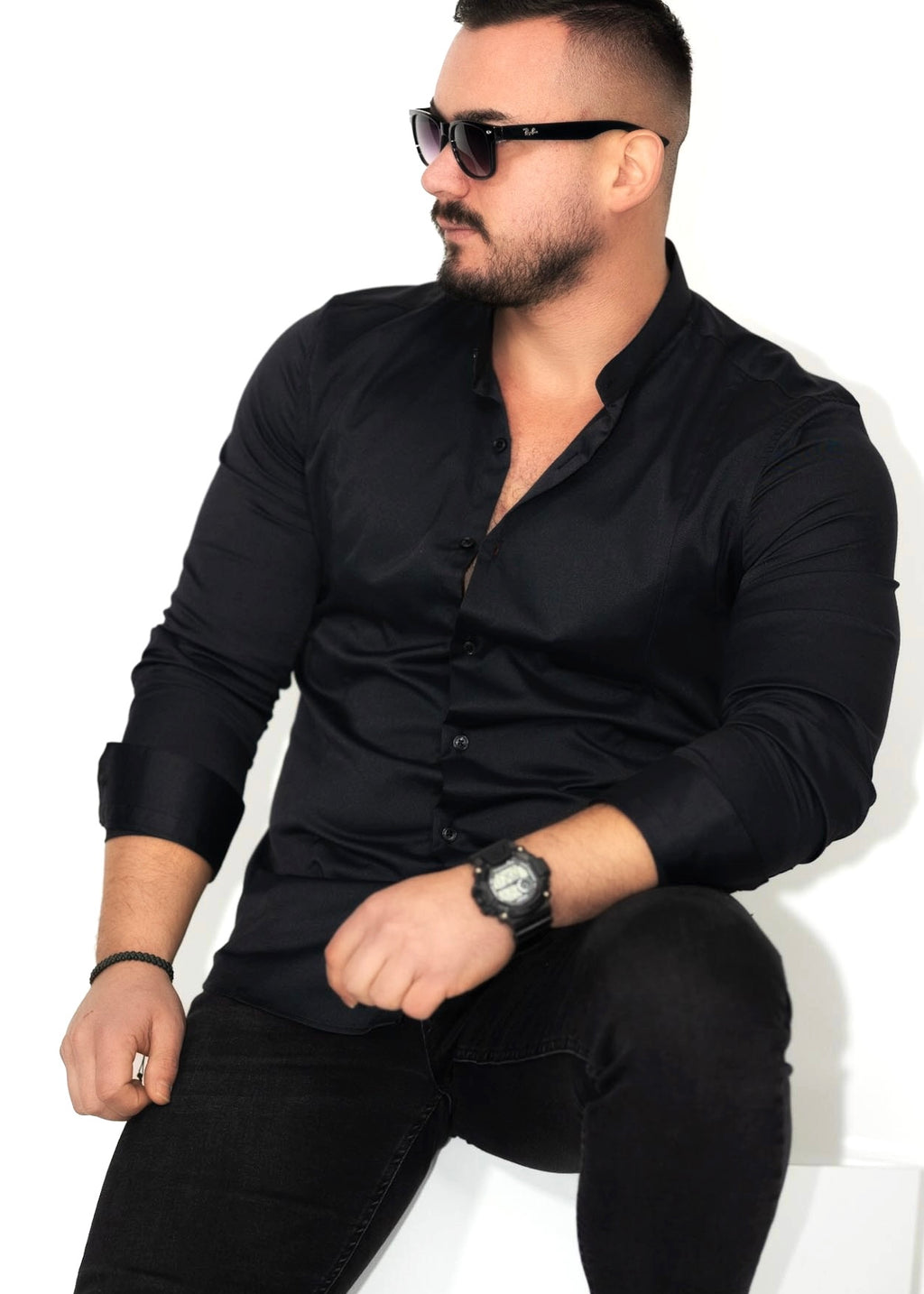 KOSZULA MĘSKA CZARNA SLIM FIT STÓJKA PREMIUM ELASTYCZNA M-XL