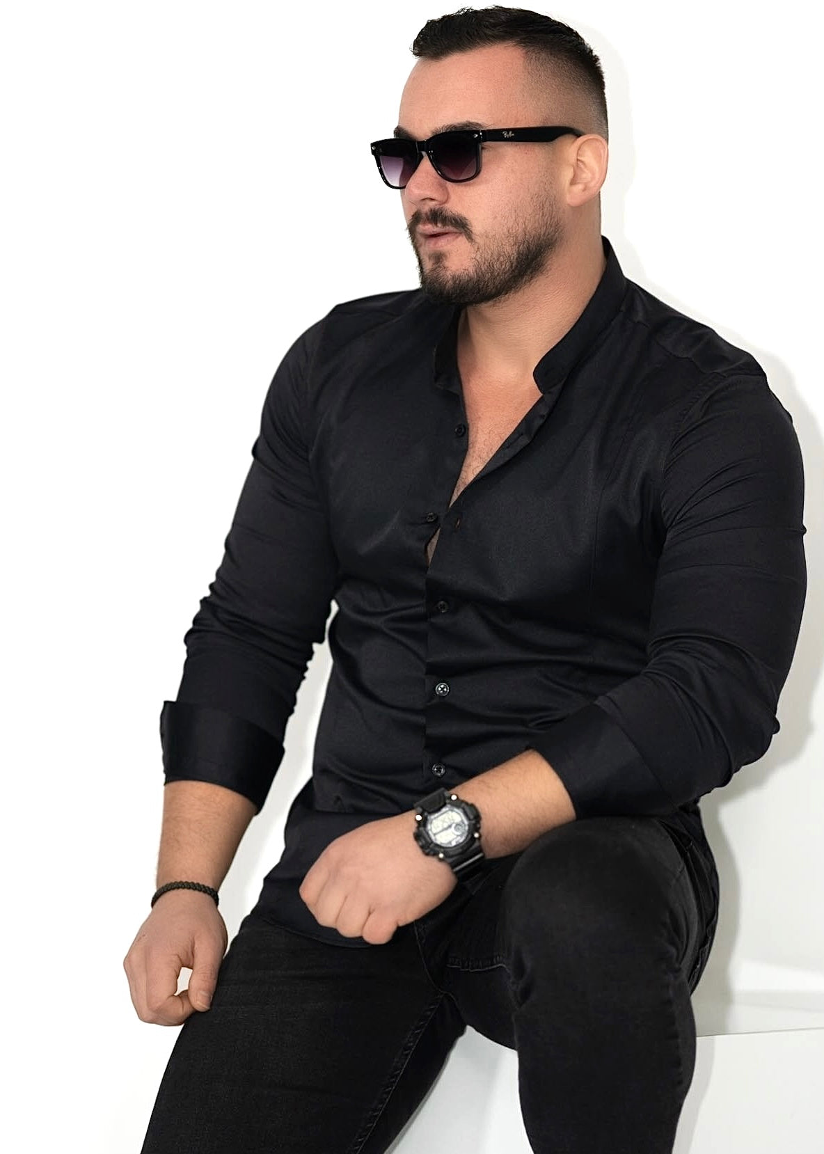 KOSZULA MĘSKA CZARNA SLIM FIT STÓJKA PREMIUM ELASTYCZNA M-XL