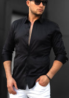 Czarna koszula męska satynowa slim fit elegancka 95% bawełna M-2XL