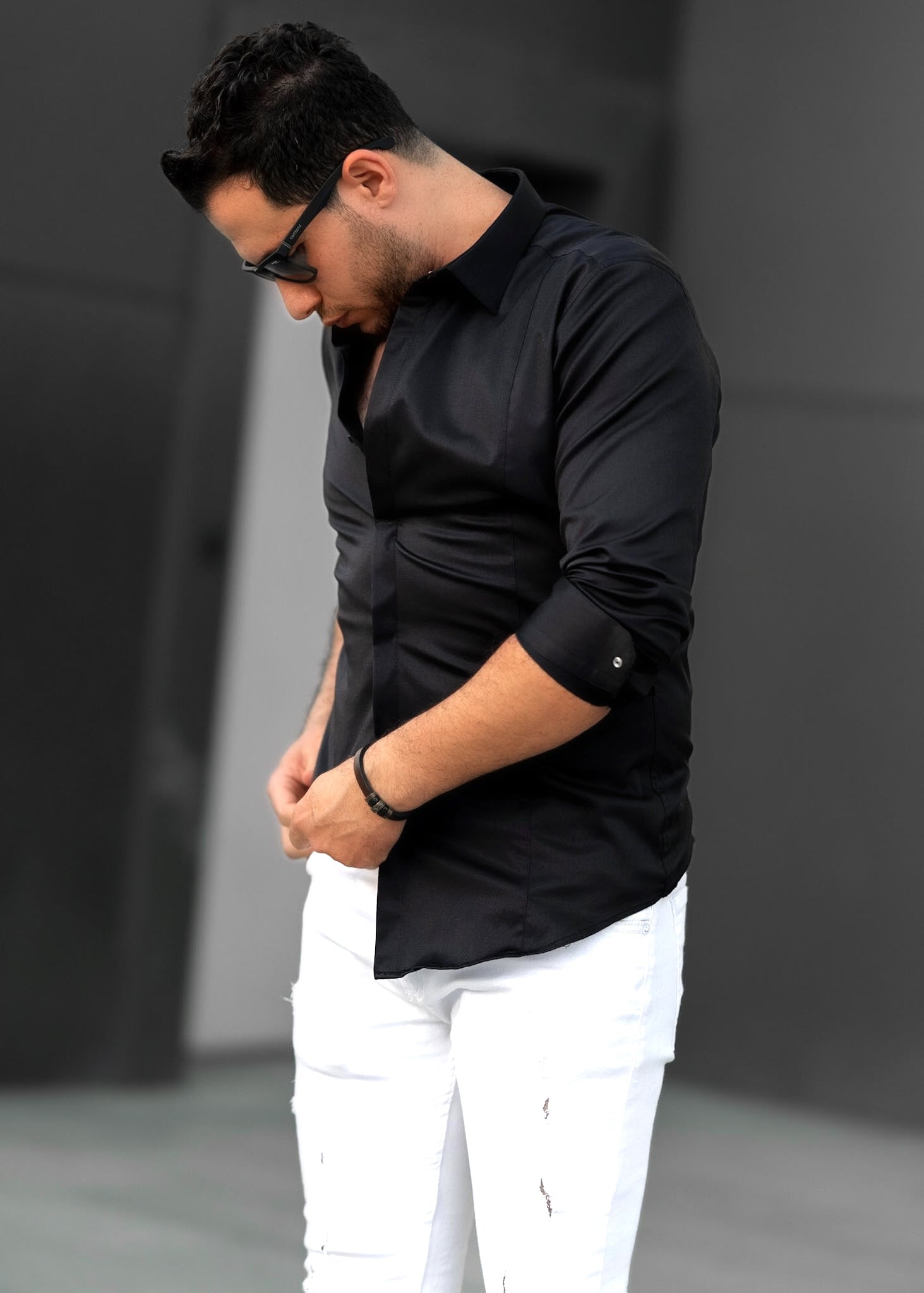 Czarna koszula męska satynowa slim fit elegancka 95% bawełna M-2XL