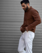 Koszula Męska Lniana Brązowa Slim Fit Ze Stójką – Letnia, Przewiewna M–2XL