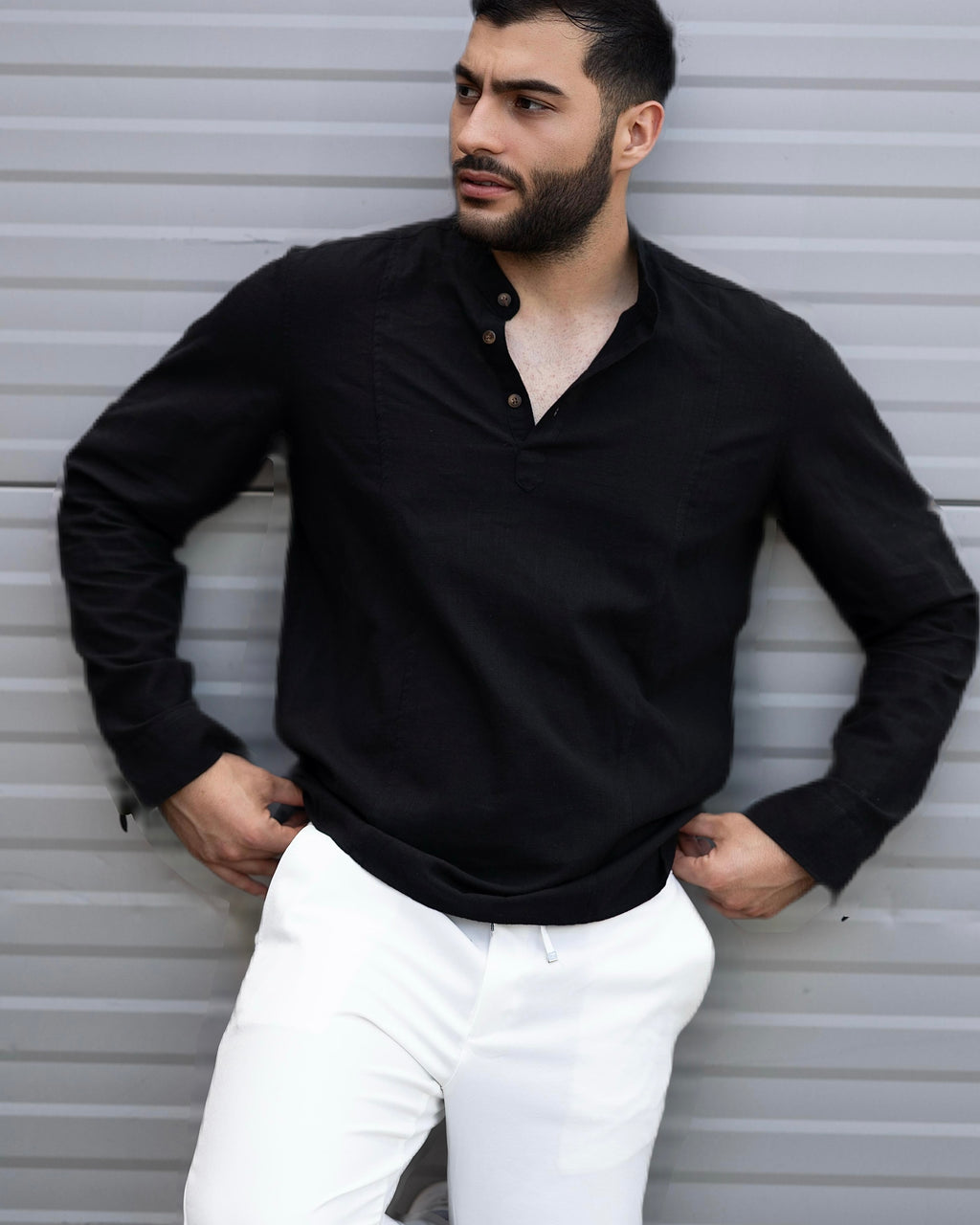 Koszula Męska Lniana Czarna Slim Fit Ze Stójką – Letnia, Przewiewna M–2XL