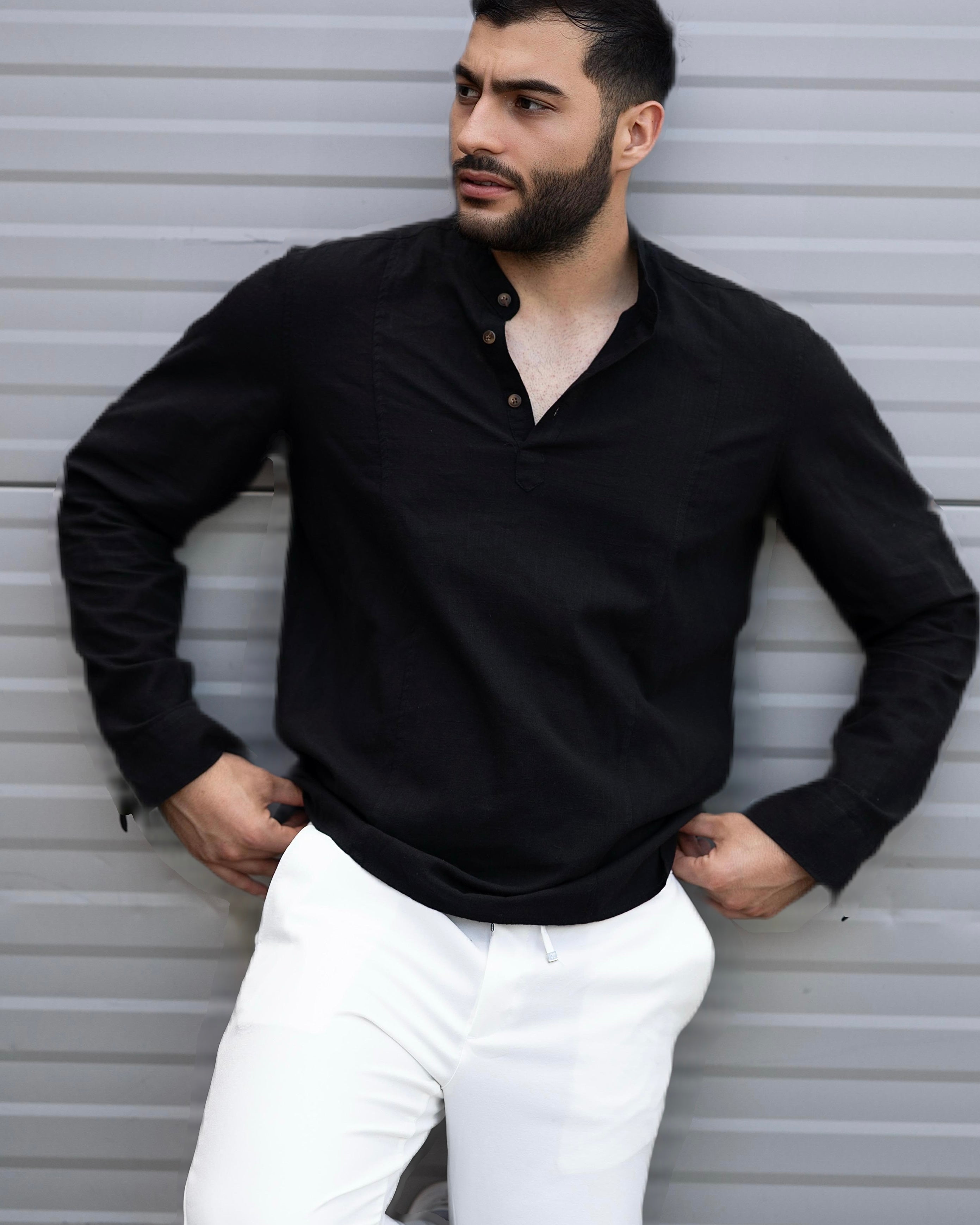 Koszula Męska Lniana Czarna Slim Fit Ze Stójką – Letnia, Przewiewna M–2XL