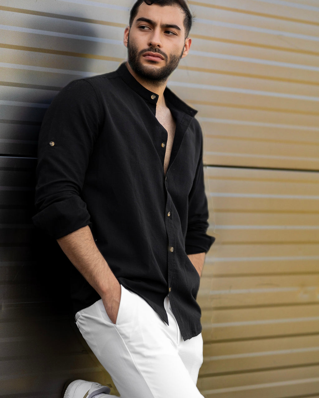 Koszula Męska Lniana Czarna Slim Fit Ze Stójką – Letnia, Przewiewna M–2XL