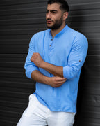 Koszula Męska Lniana Błękitna Slim Fit Ze Stójką – Przewiewna Letnia M–2XL