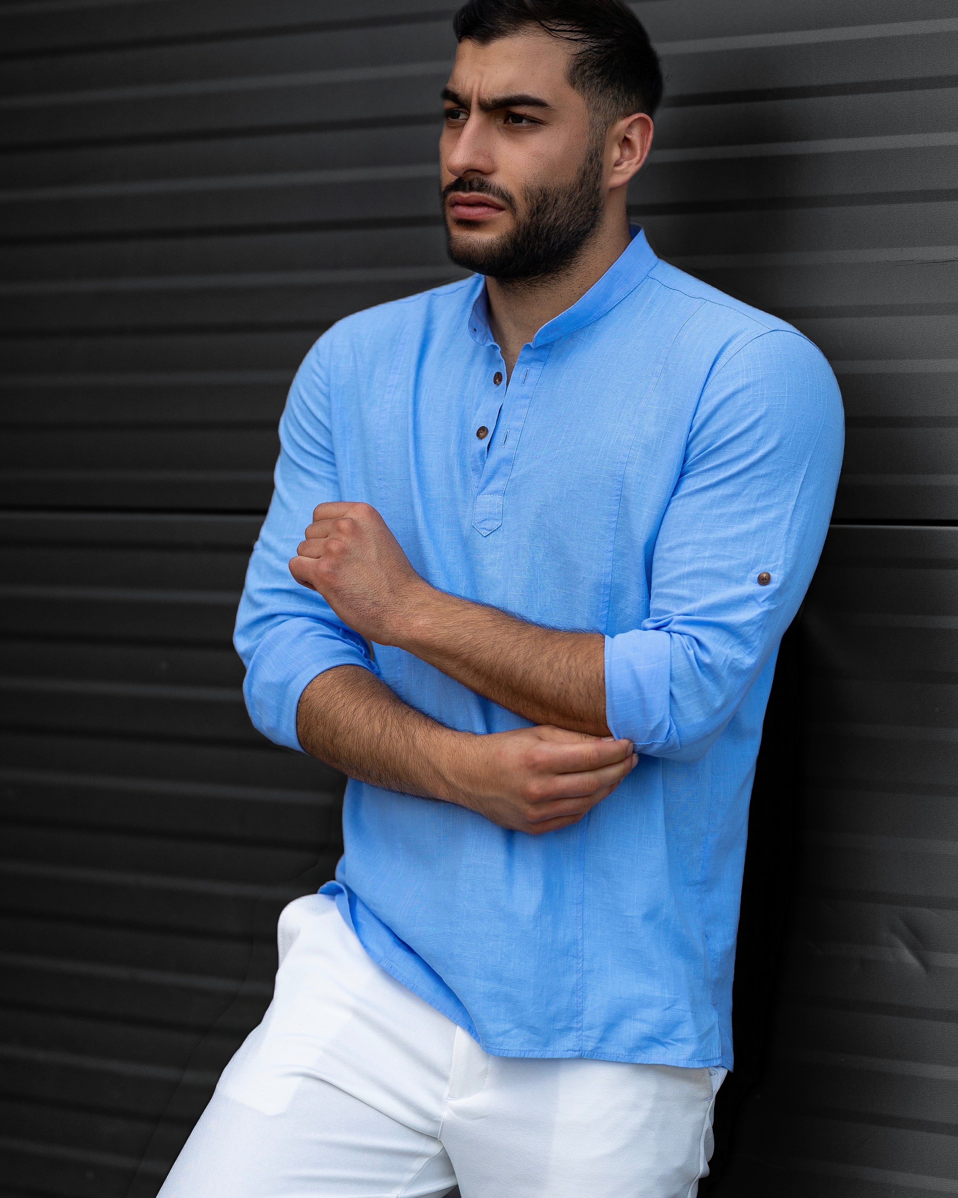 Koszula Męska Lniana Błękitna Slim Fit Ze Stójką – Przewiewna Letnia M–2XL