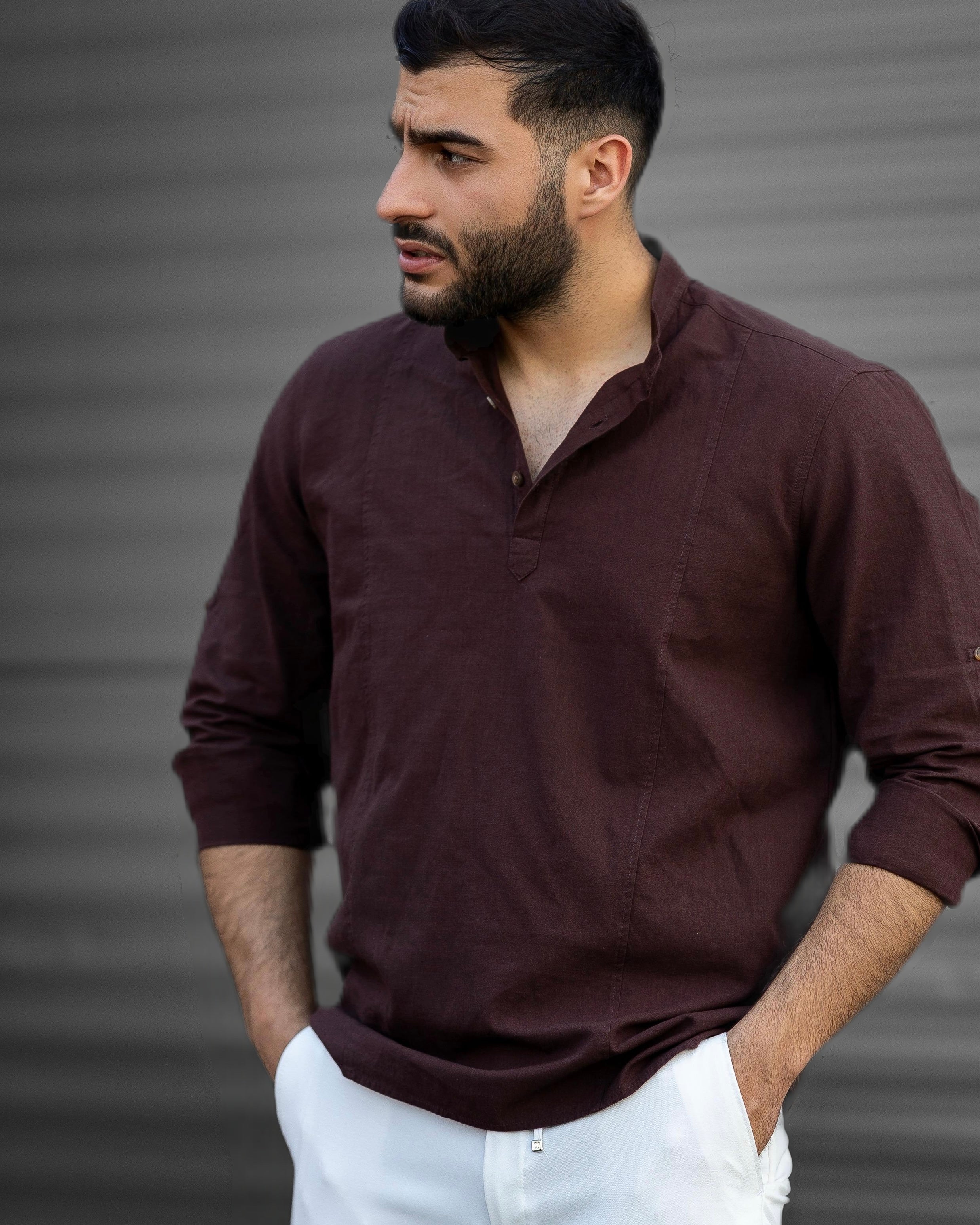 Koszula Męska Lniana Bordowa Slim Fit Ze Stójką – Letnia, Przewiewna M–2XL