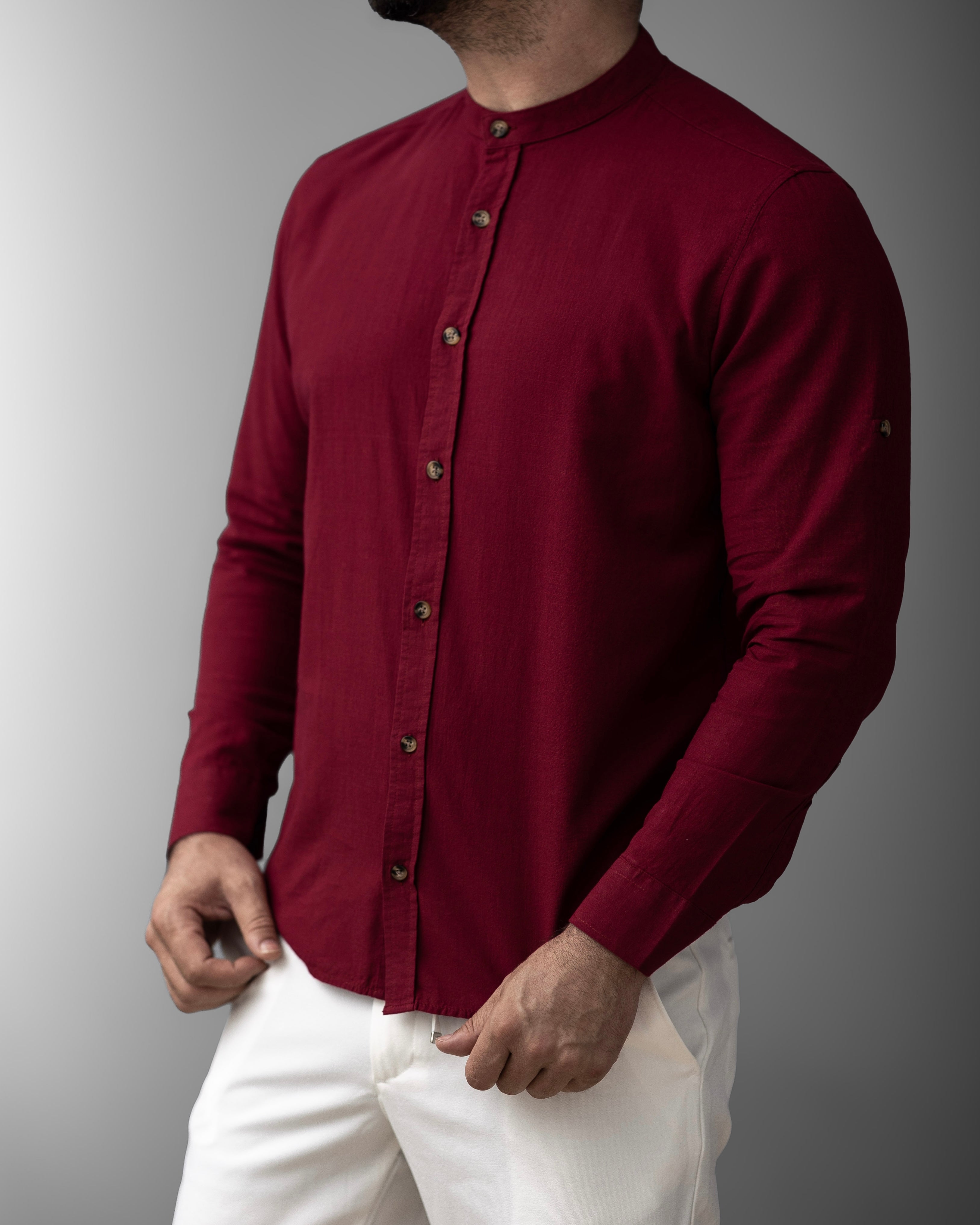 Bordowa męska koszula lniana ze stójką – M-2XL