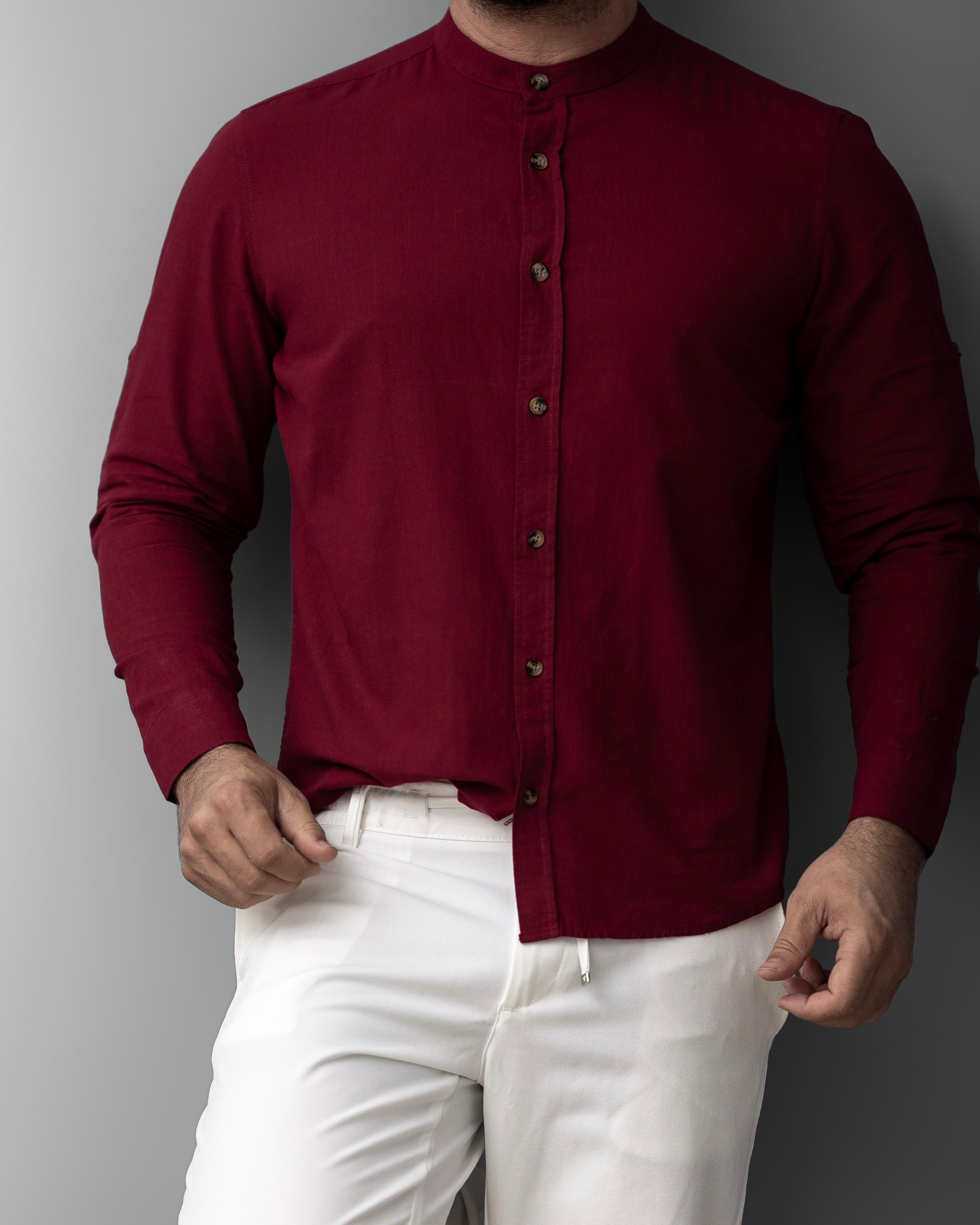 Bordowa męska koszula lniana ze stójką – M-2XL