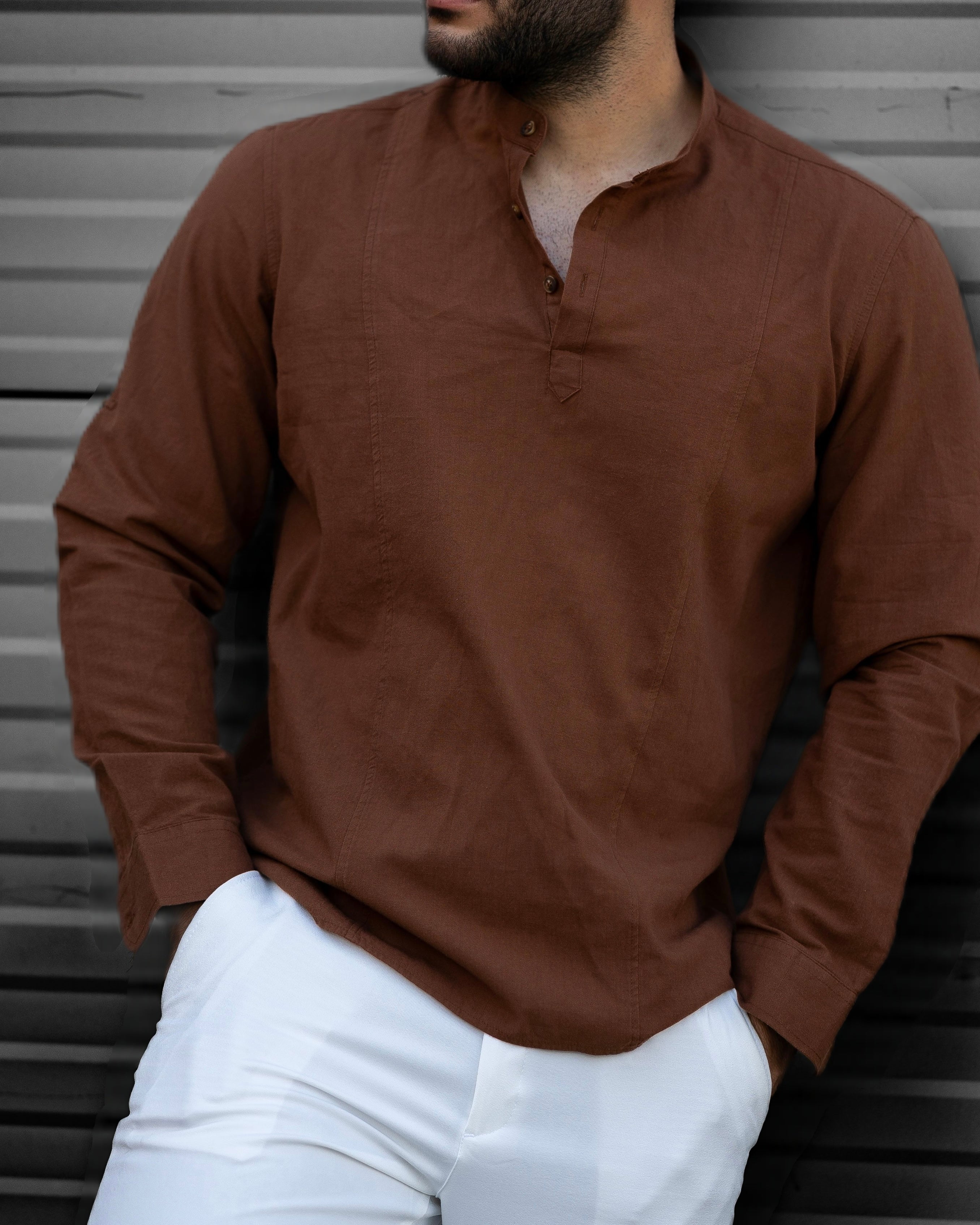 Koszula Męska Lniana Brązowa Slim Fit Ze Stójką – Letnia, Przewiewna M–2XL