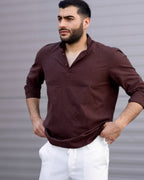 Koszula Męska Lniana Bordowa Slim Fit Ze Stójką – Letnia, Przewiewna M–2XL