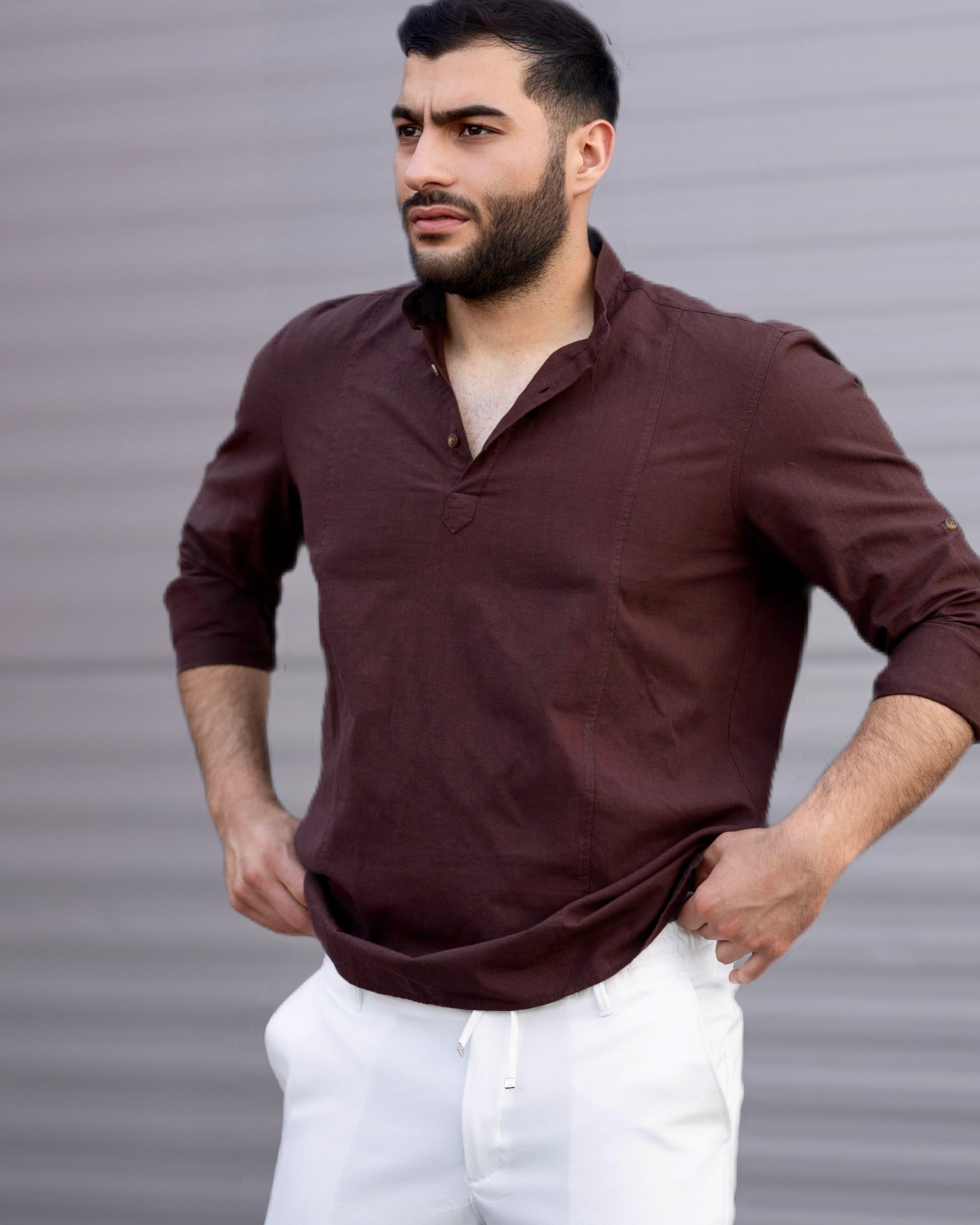 Koszula Męska Lniana Bordowa Slim Fit Ze Stójką – Letnia, Przewiewna M–2XL