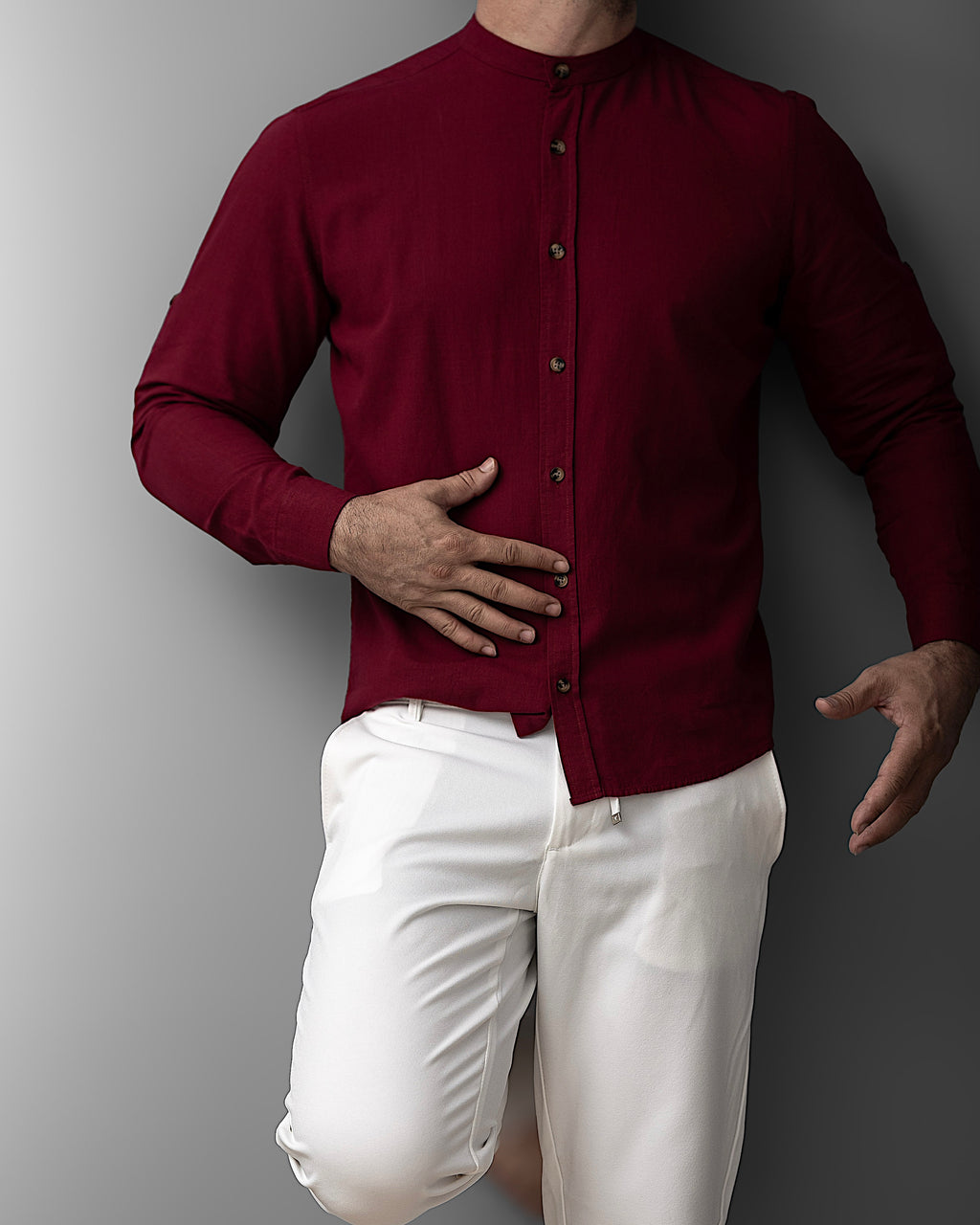 Bordowa męska koszula lniana ze stójką – M-2XL