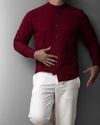Bordowa męska koszula lniana ze stójką – M-2XL