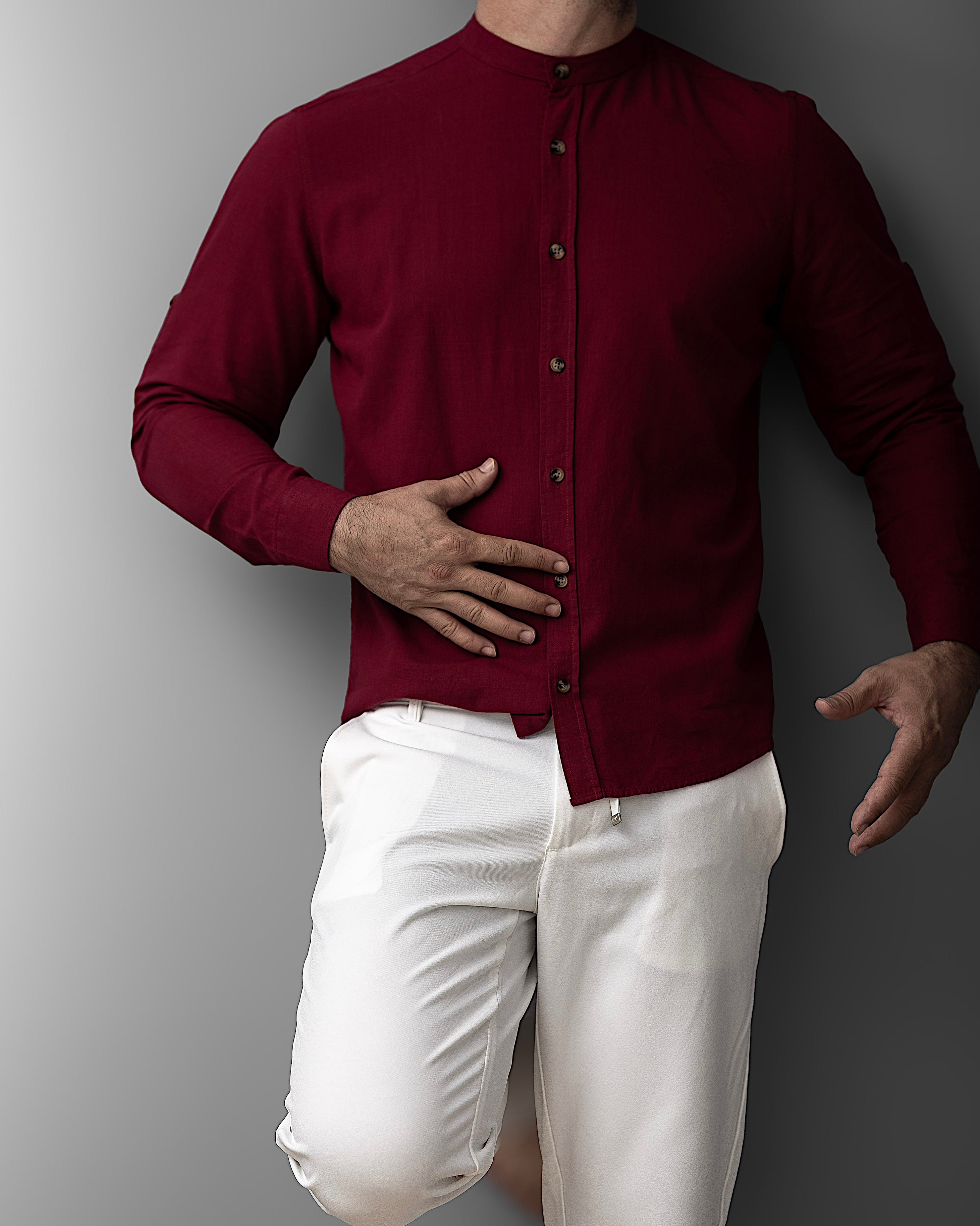 Bordowa męska koszula lniana ze stójką – M-2XL