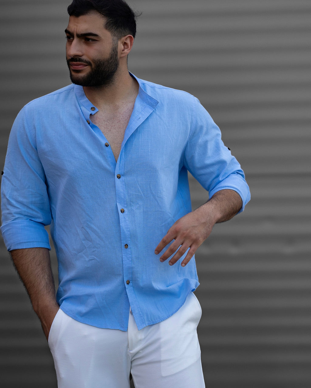 Koszula Męska Lniana Błękitna Slim Fit – Klasyczny Kołnierzyk, Letnia M–2XL
