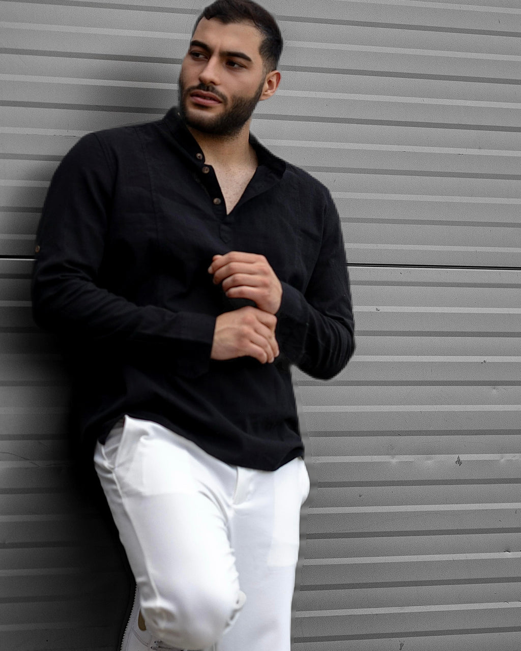 Koszula Męska Lniana Czarna Slim Fit Ze Stójką – Letnia, Przewiewna M–2XL
