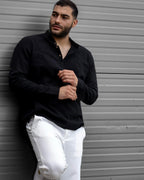 Koszula Męska Lniana Czarna Slim Fit Ze Stójką – Letnia, Przewiewna M–2XL