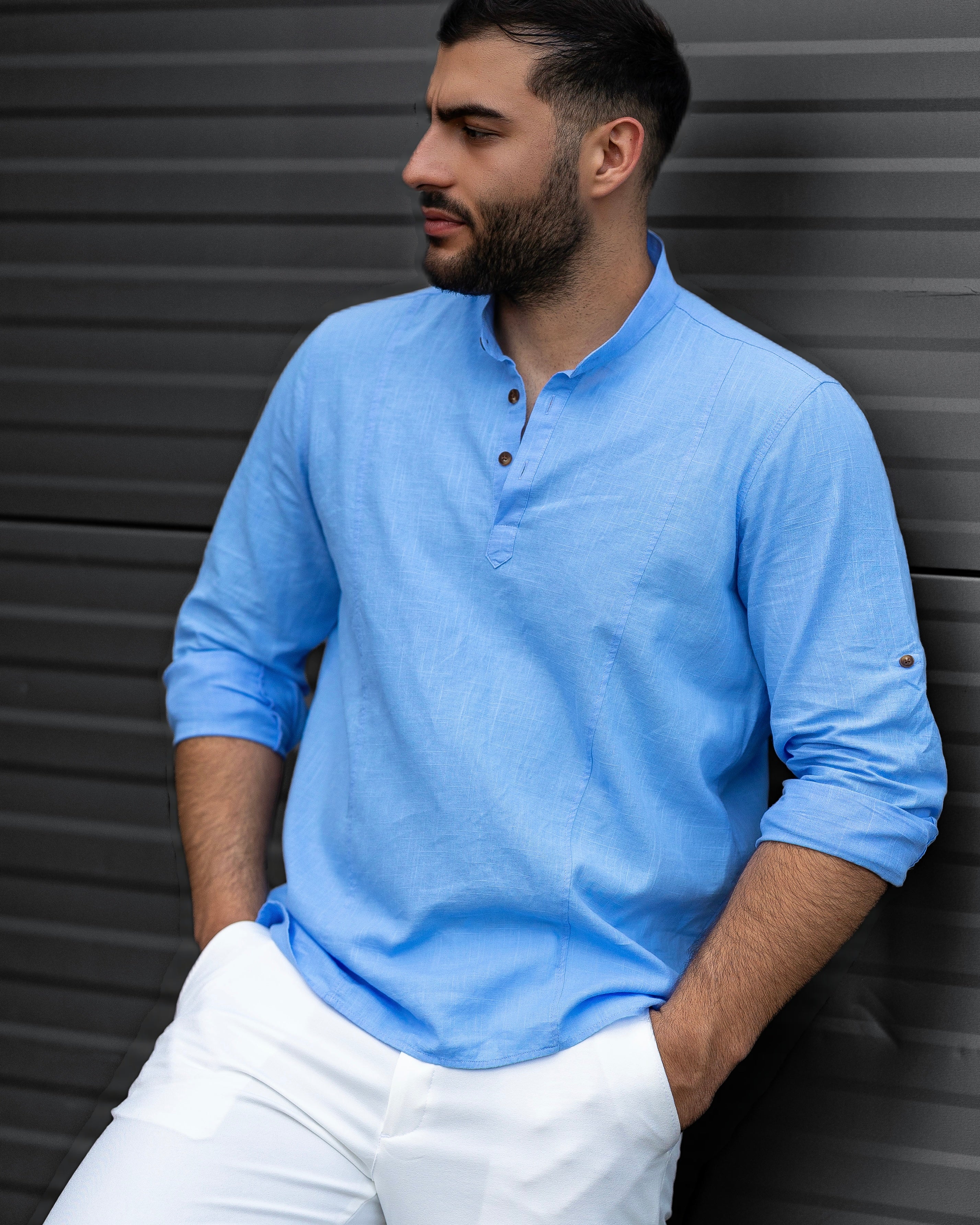 Koszula Męska Lniana Błękitna Slim Fit Ze Stójką – Przewiewna Letnia M–2XL