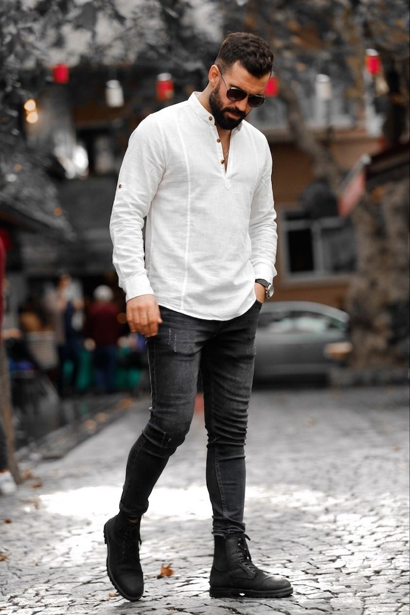 Koszula męska lniana flamowana biała długi rękaw slim fit M-2XL