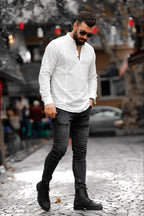 Koszula męska lniana flamowana biała długi rękaw slim fit M-2XL