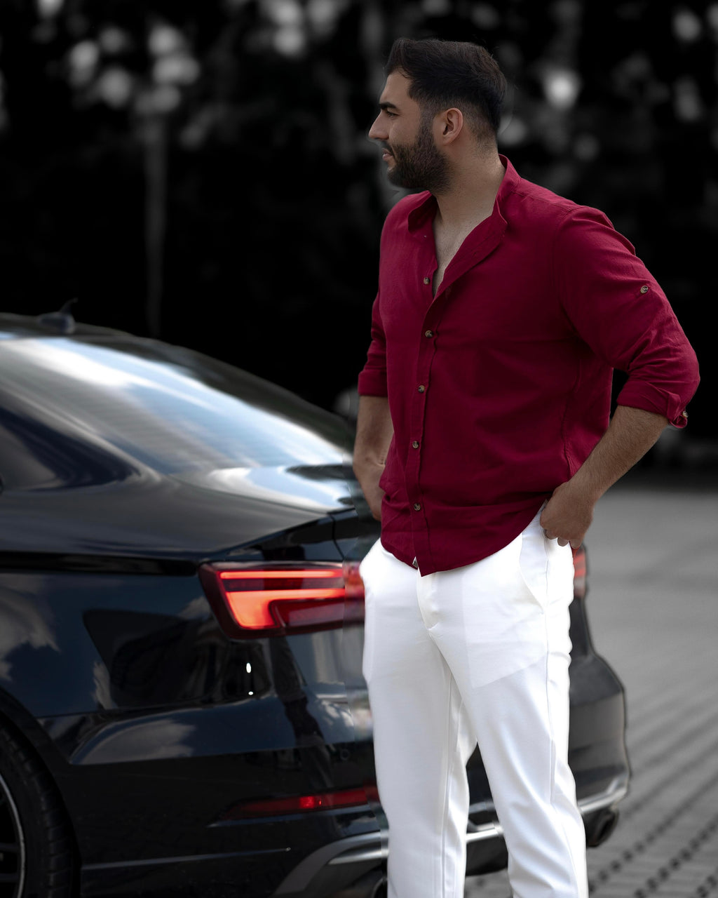 Koszula Męska Lniana Bordowa Slim Fit Ze Stójką – Letnia, Przewiewna M–2XL