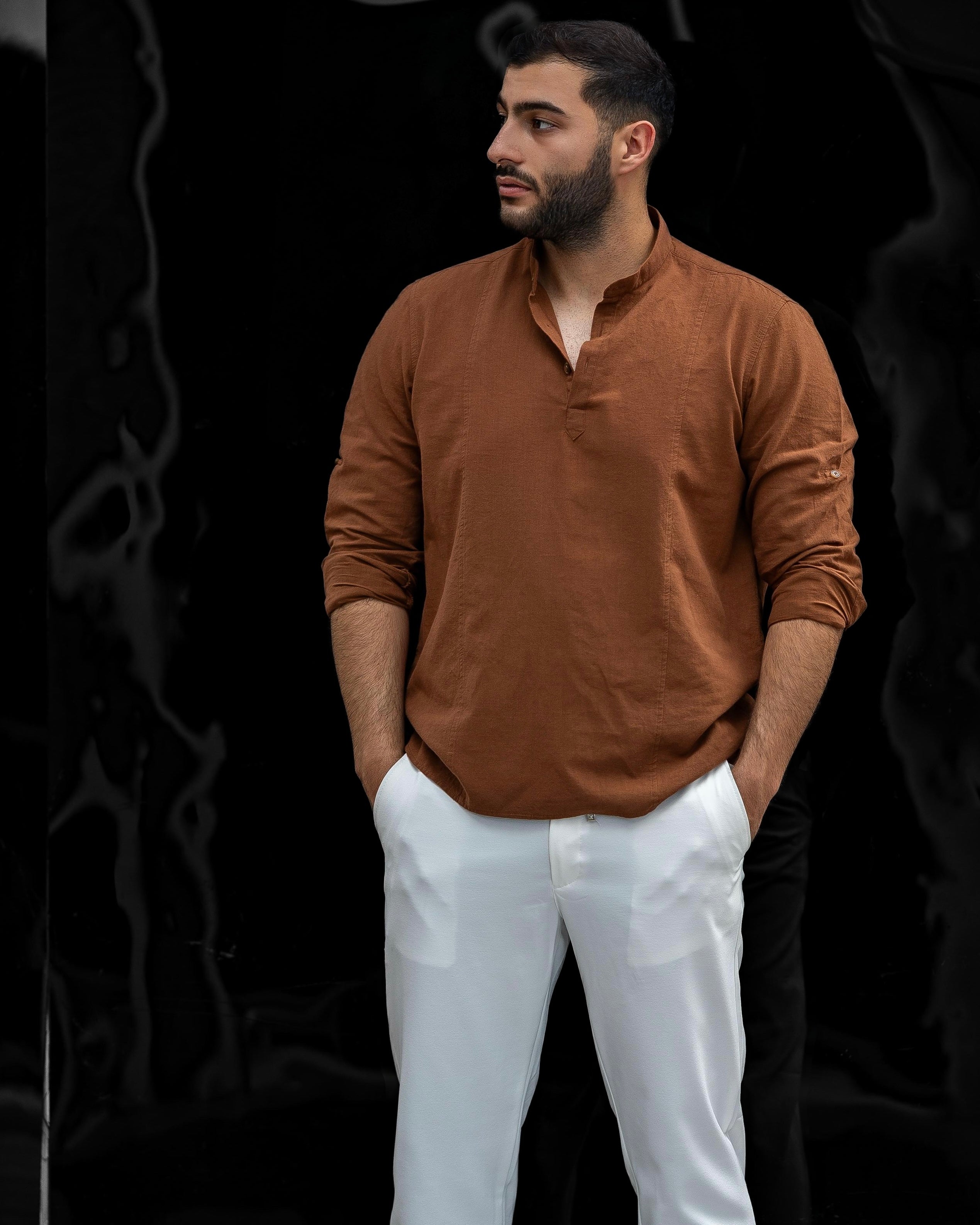 Koszula Męska Lniana Brązowa Slim Fit Ze Stójką – Letnia, Przewiewna M–2XL